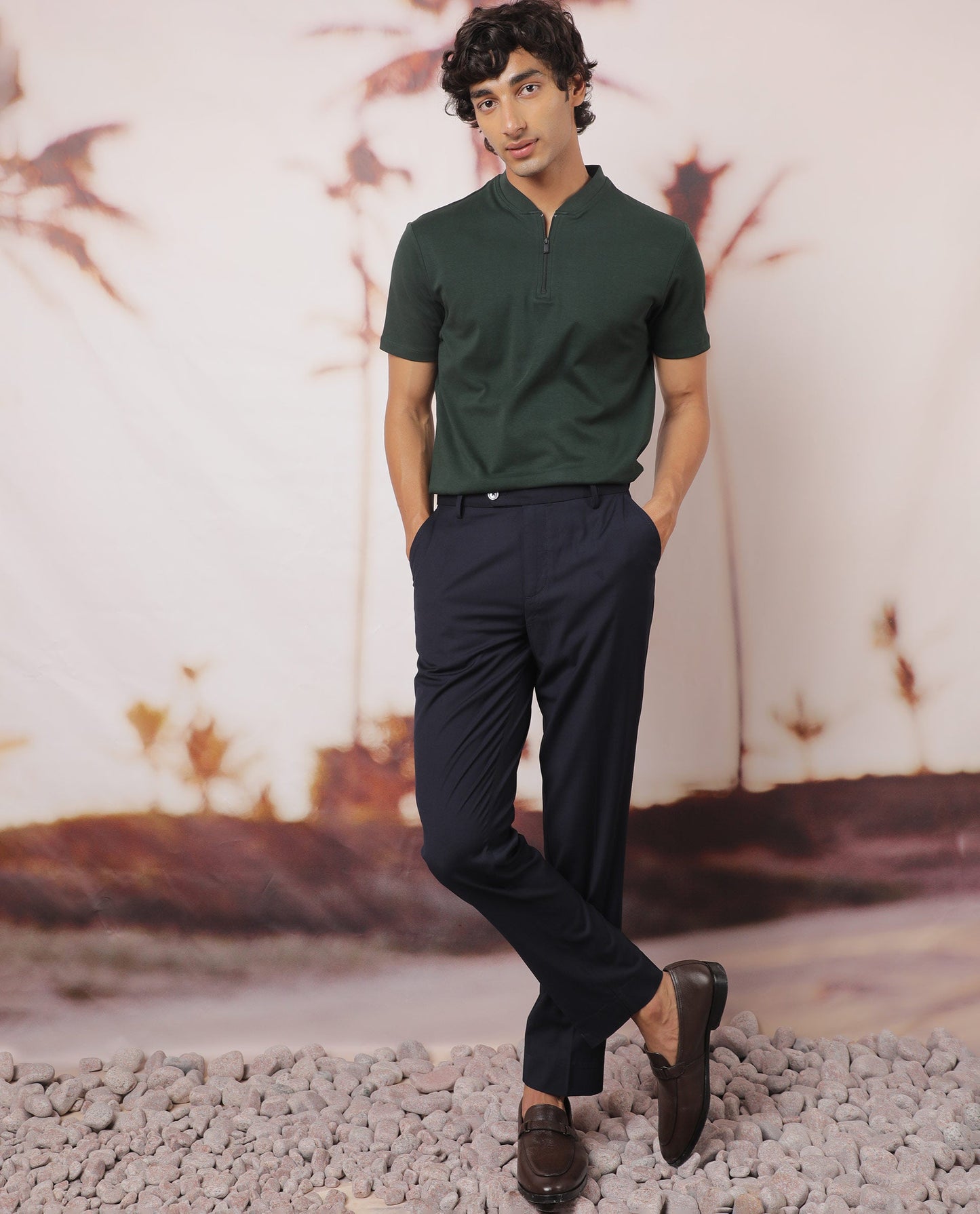 Rare Rabbit Men's Temp Dark Green Cotton Fabric Baseball Stand Collared Neck Zipper Closure Half Sleeves Polo T-Shirt