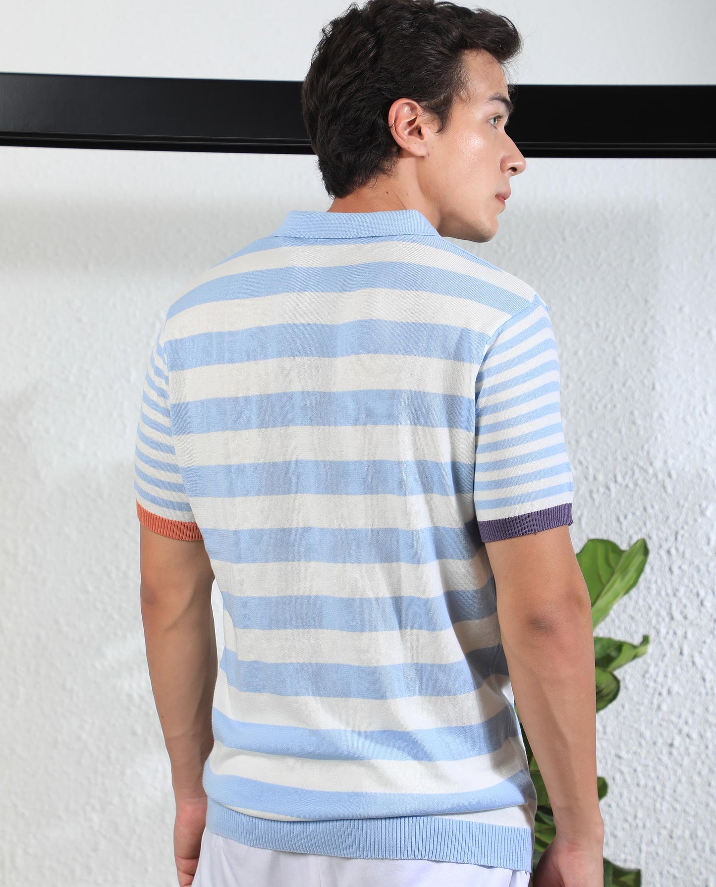 Rare Rabbit Men's Paulos Blue Cotton Fabric Collared Neck Striped Half Sleeve Polo T-Shirt