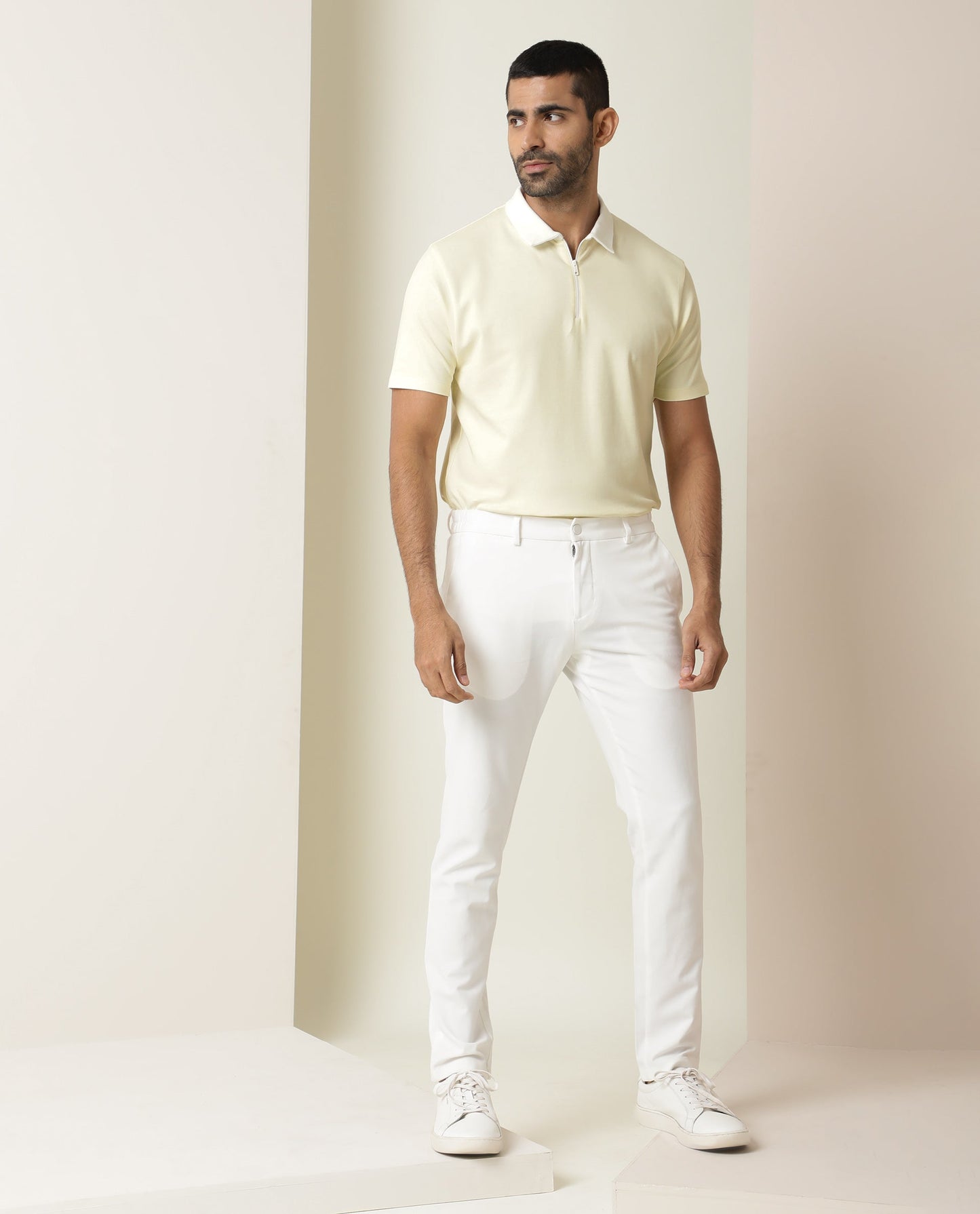 Rare Rabbit Men's Cloud Light Yellow Cotton Fabric Collared Neck Zipper Closure Half Sleeves Polo T-Shirt