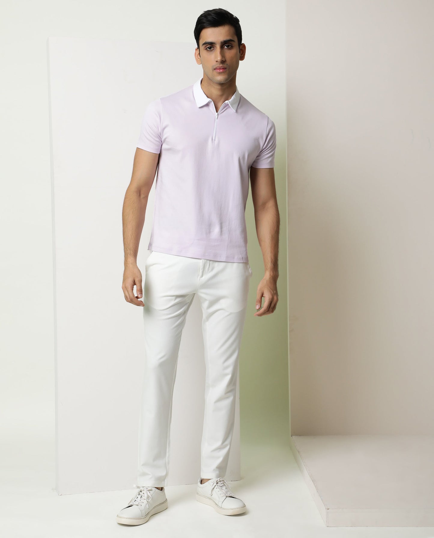 Rare Rabbit Men's Cloud Pastel Purple Cotton Fabric Collared Neck Zipper Closure Half Sleeves Polo T-Shirt