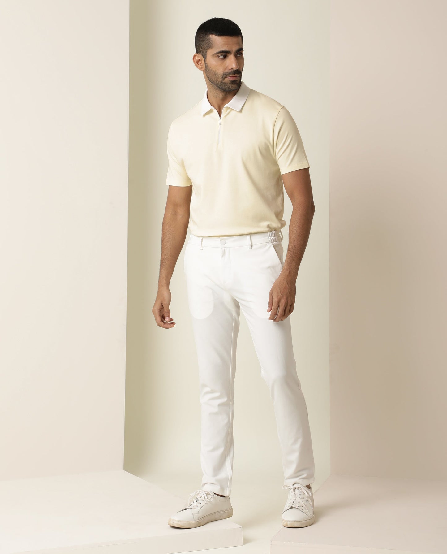 Rare Rabbit Men's Cloud Light Yellow Cotton Fabric Collared Neck Zipper Closure Half Sleeves Polo T-Shirt