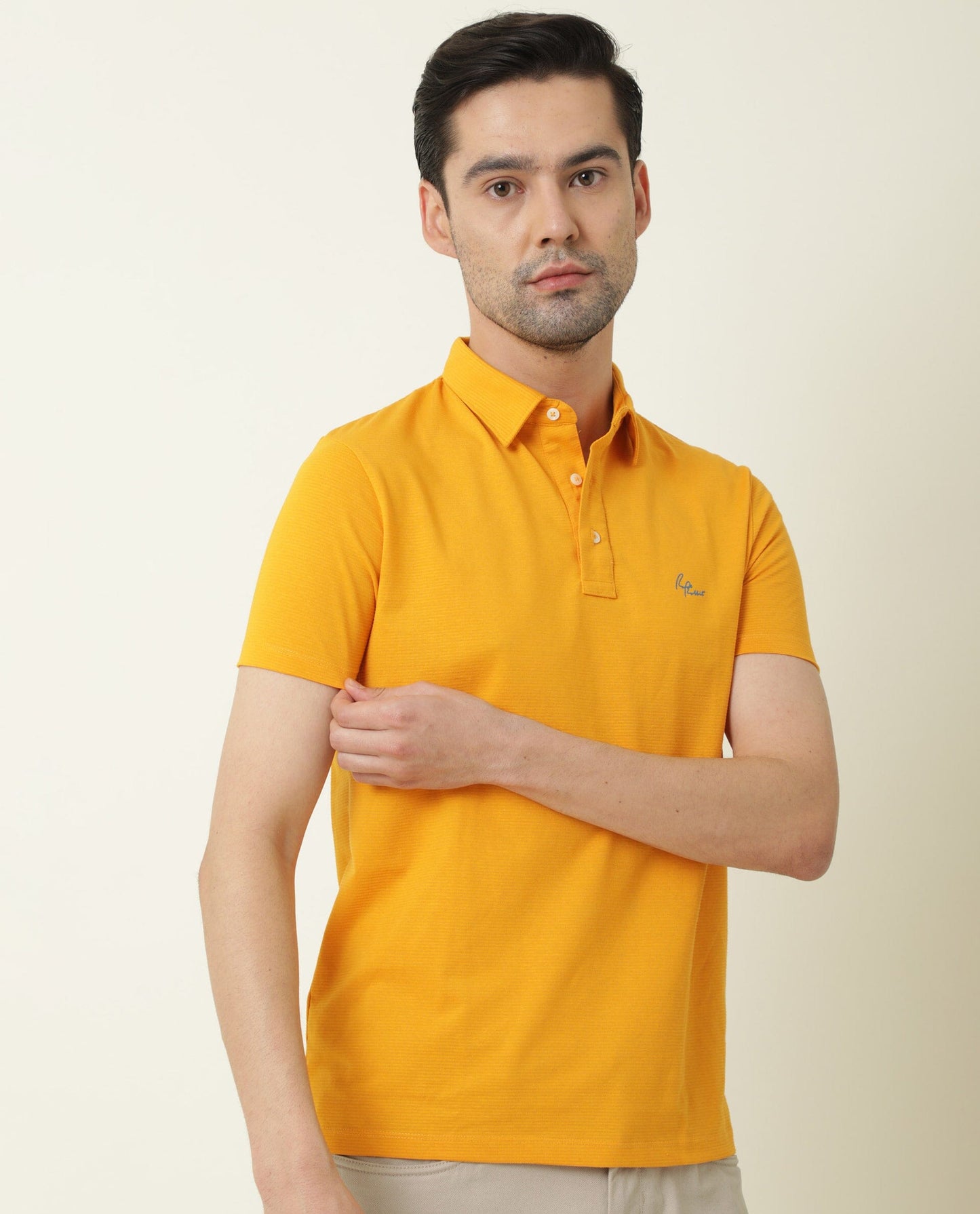 Rare Rabbit Men's Sailor Yellow Solid Cotton Fabric Collared Neck Half-Sleeve Polo T-Shirt
