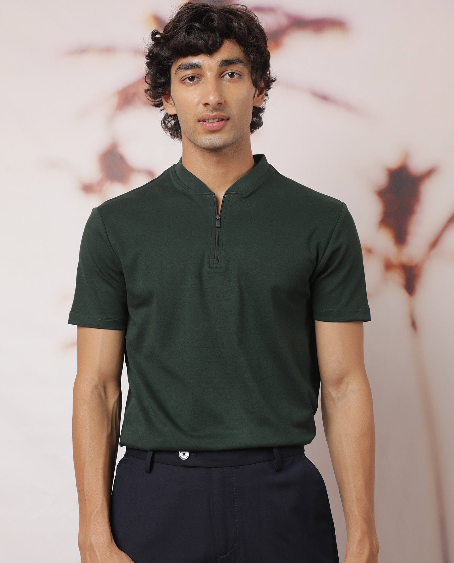 Rare Rabbit Men's Temp Dark Green Cotton Fabric Baseball Stand Collared Neck Zipper Closure Half Sleeves Polo T-Shirt
