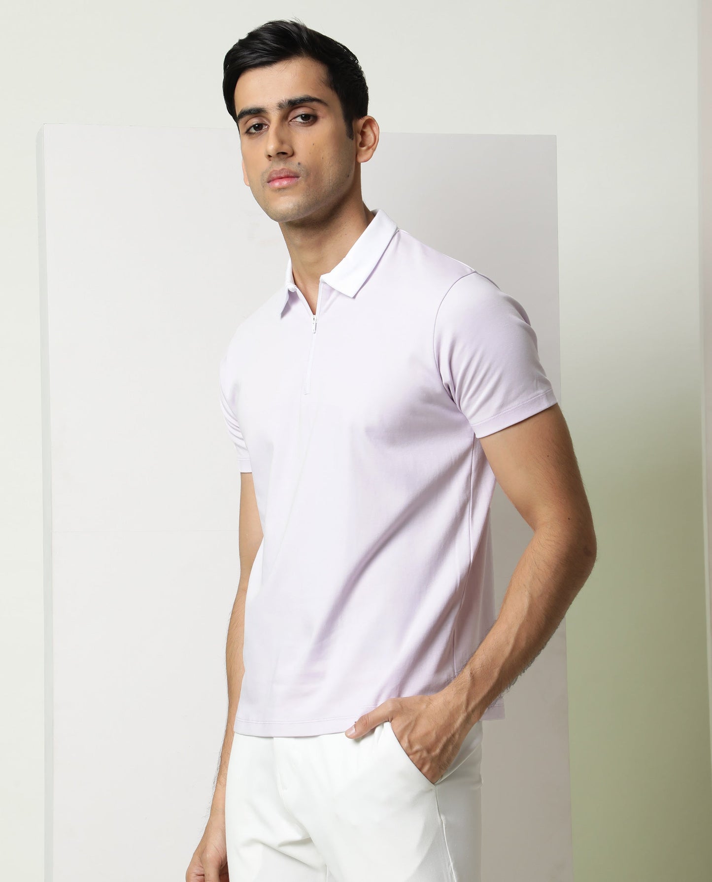 Rare Rabbit Men's Cloud Pastel Purple Cotton Fabric Collared Neck Zipper Closure Half Sleeves Polo T-Shirt
