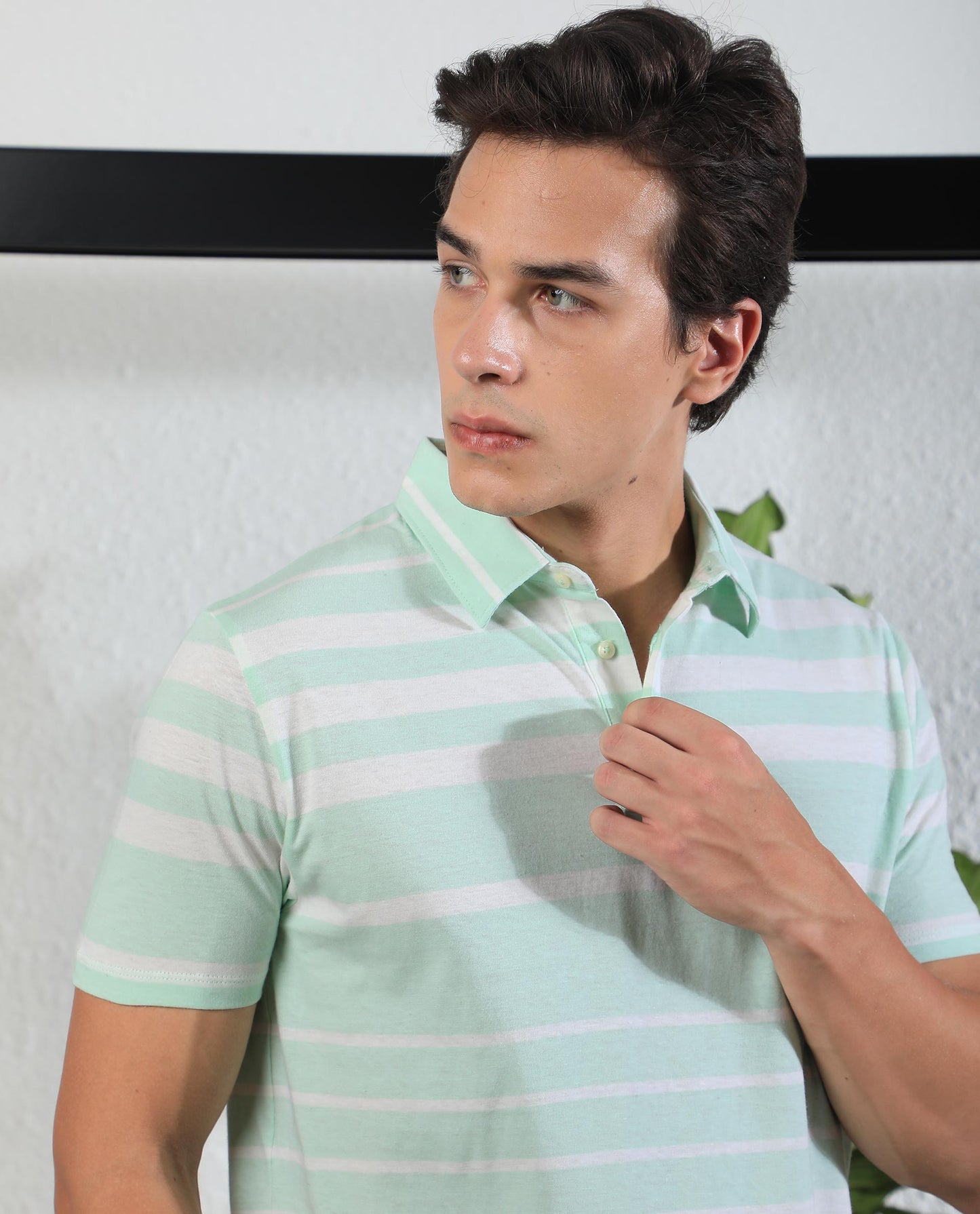Rare Rabbit Men's Crossingss Green Cotton Fabric Collared Neck Half Sleeves Striped Polo T-Shirt