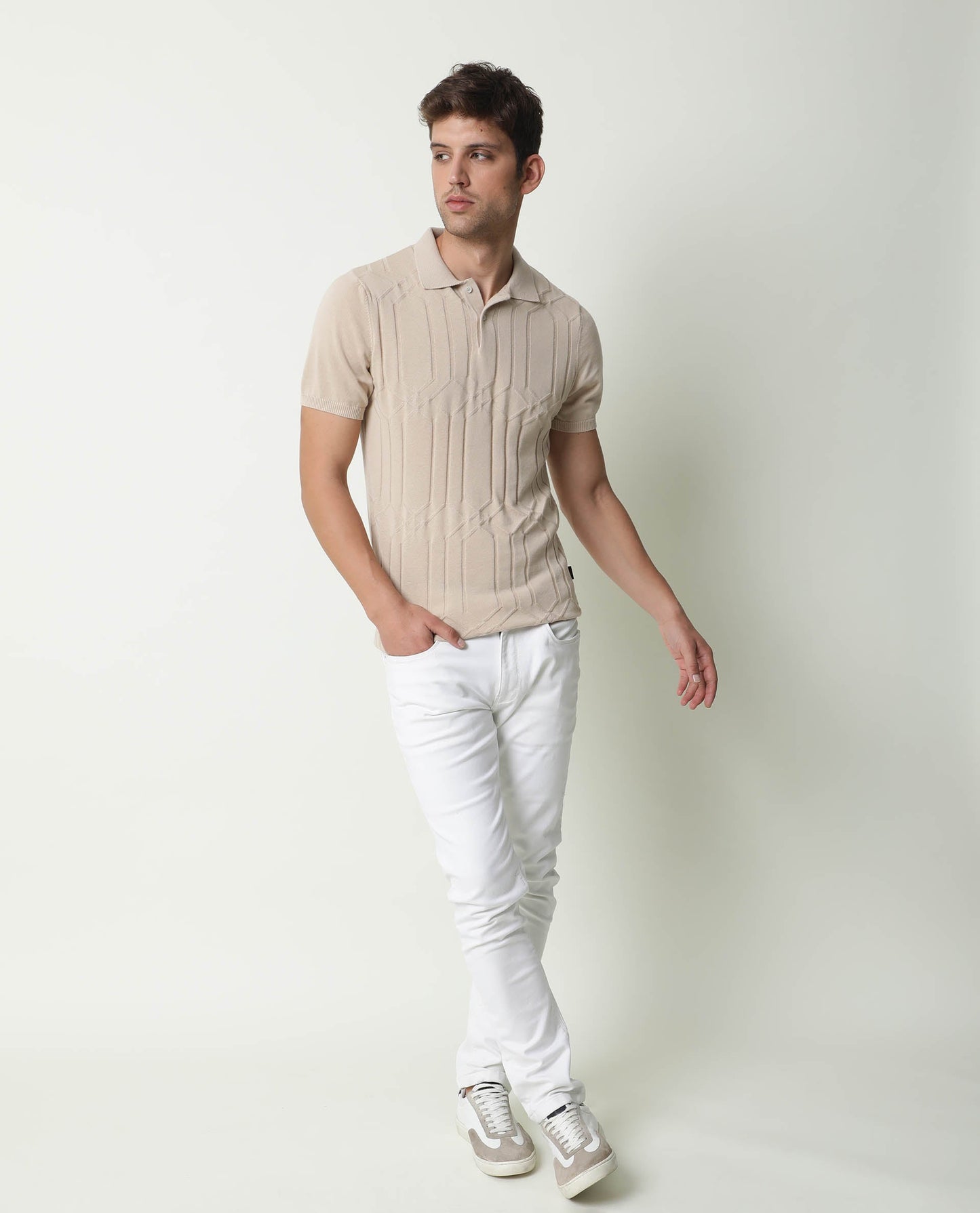 RARE RABBIT MEN'S LINK BEIGE POLO COTTON FABRIC COLLARED NECK HALF SLEEVES BUTTON CLOSURE SLIM FIT