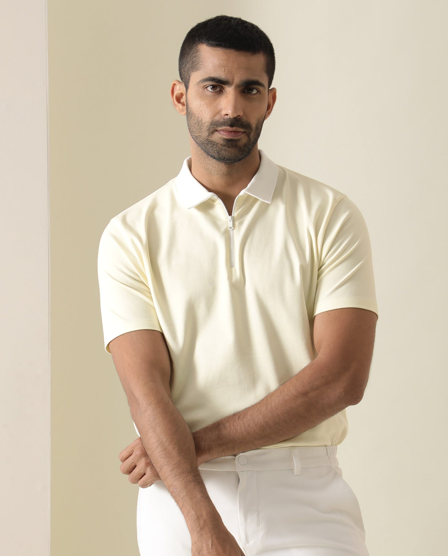 Rare Rabbit Men's Cloud Light Yellow Cotton Fabric Collared Neck Zipper Closure Half Sleeves Polo T-Shirt