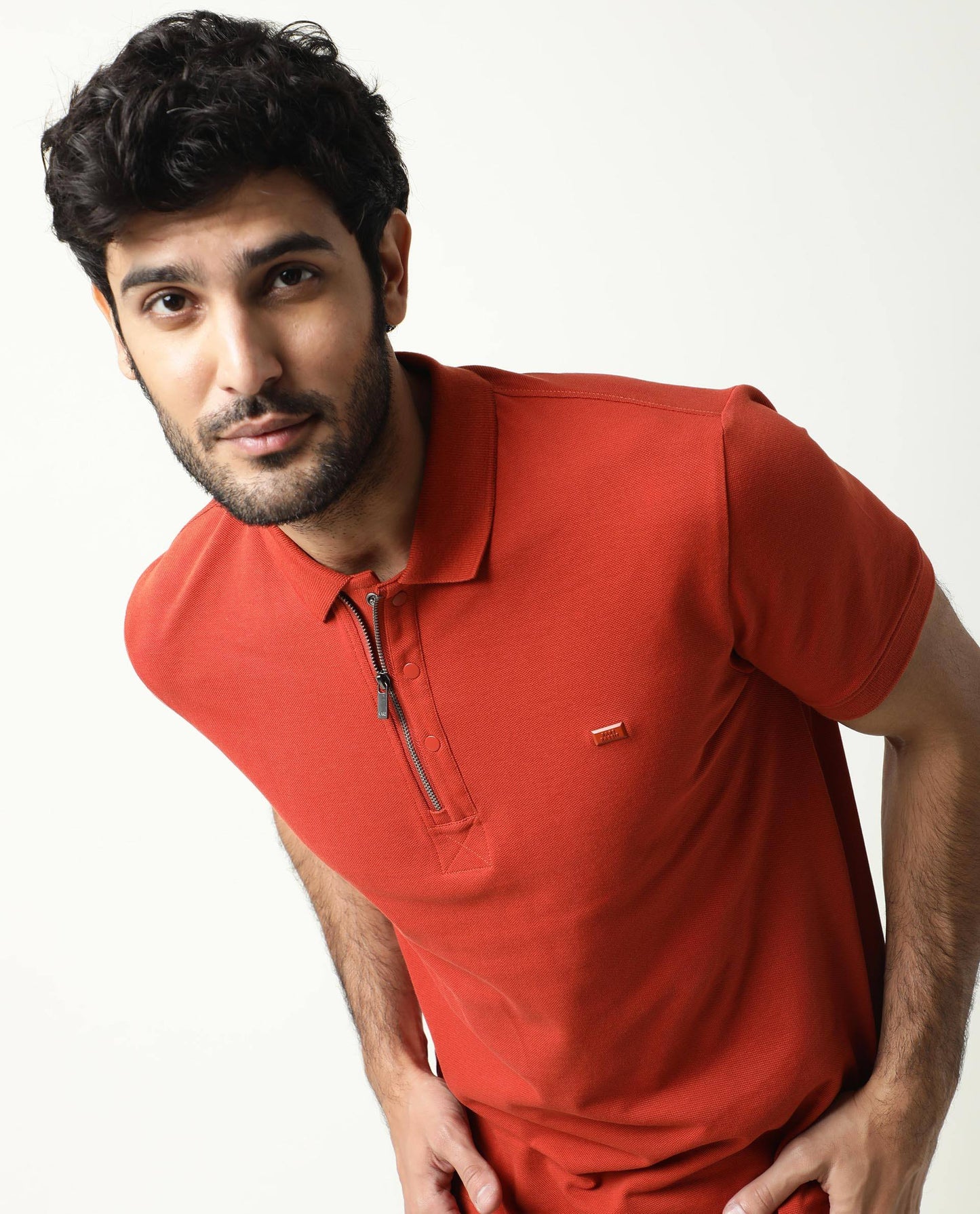 Rare Rabbit Men'S Salis Rust Polo Cotton Fabric Collared Neck Half Sleeves Button Closure Slim Fit