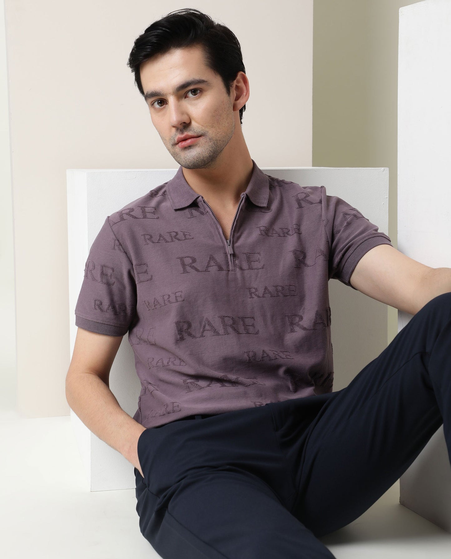 Rare Rabbit Men's Gesset Purple Cotton Fabric Collared Neck Half Sleeves Statement Polo T-Shirt