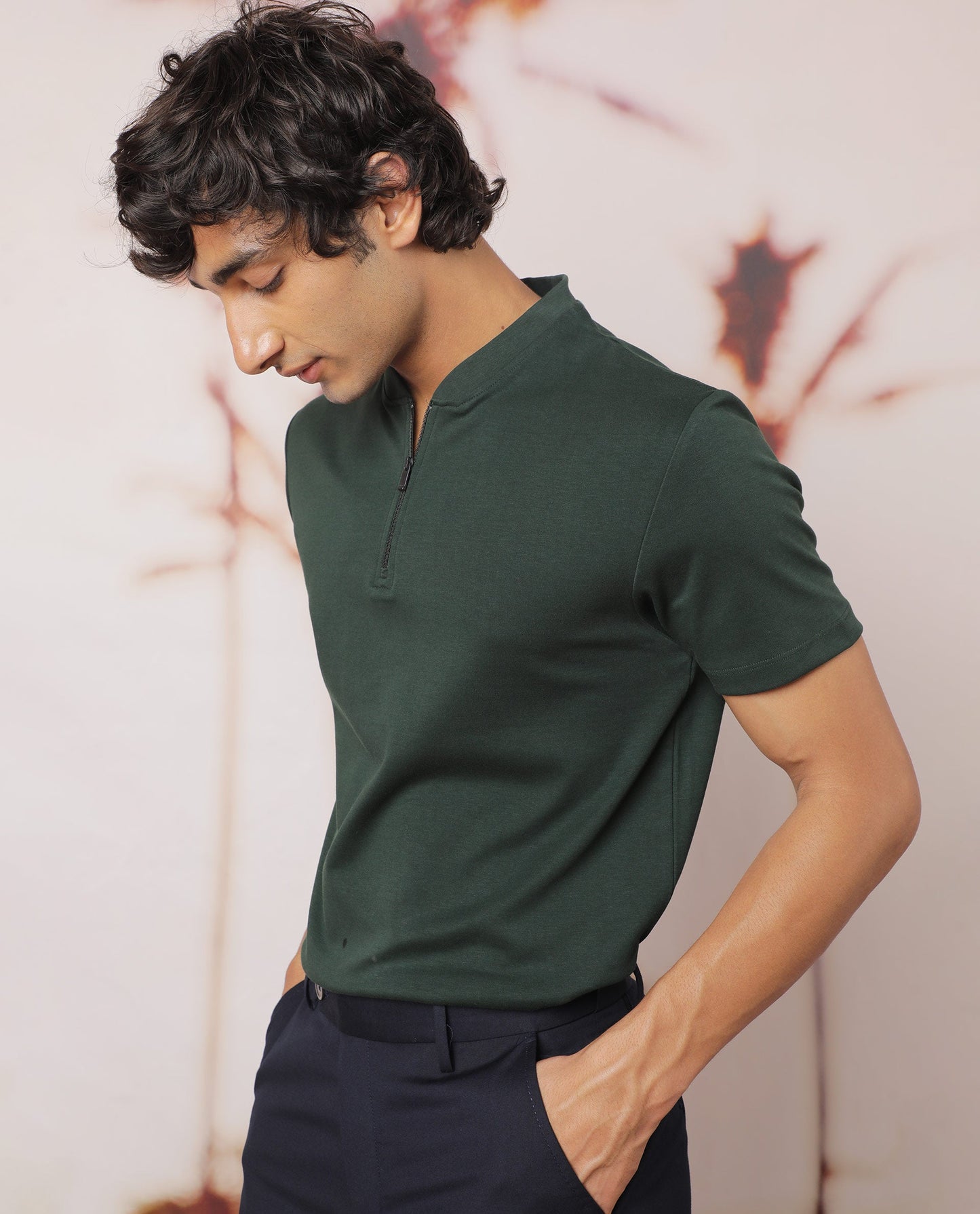 Rare Rabbit Men's Temp Dark Green Cotton Fabric Baseball Stand Collared Neck Zipper Closure Half Sleeves Polo T-Shirt