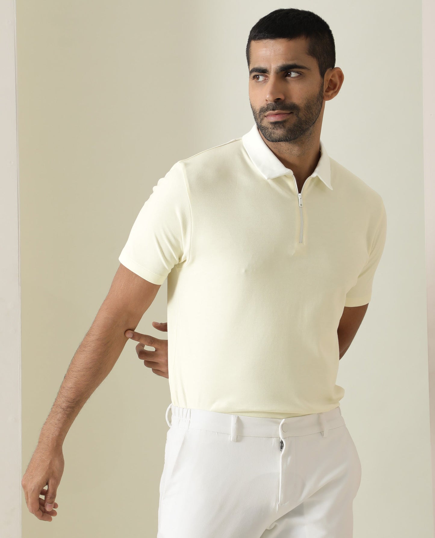 Rare Rabbit Men's Cloud Light Yellow Cotton Fabric Collared Neck Zipper Closure Half Sleeves Polo T-Shirt