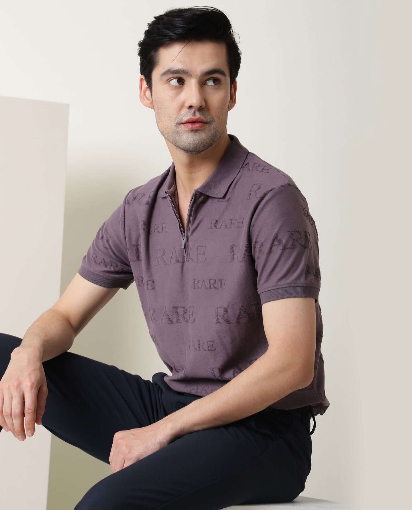 Rare Rabbit Men's Gesset Purple Cotton Fabric Collared Neck Half Sleeves Statement Polo T-Shirt