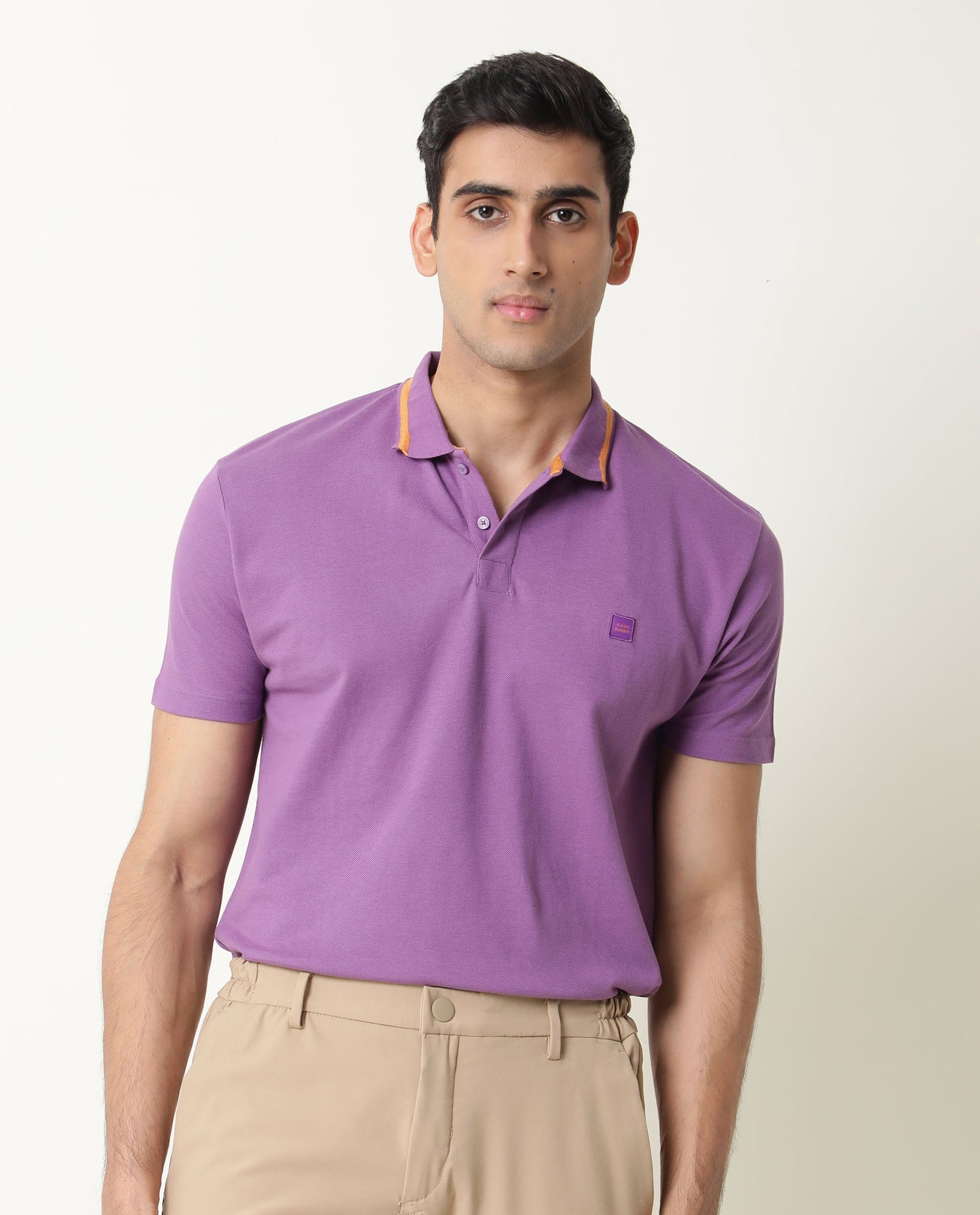 Rare Rabbit Men's Taper Purple Cotton Fabric Collared Neck Half Sleeves Textured Polo T-Shirt