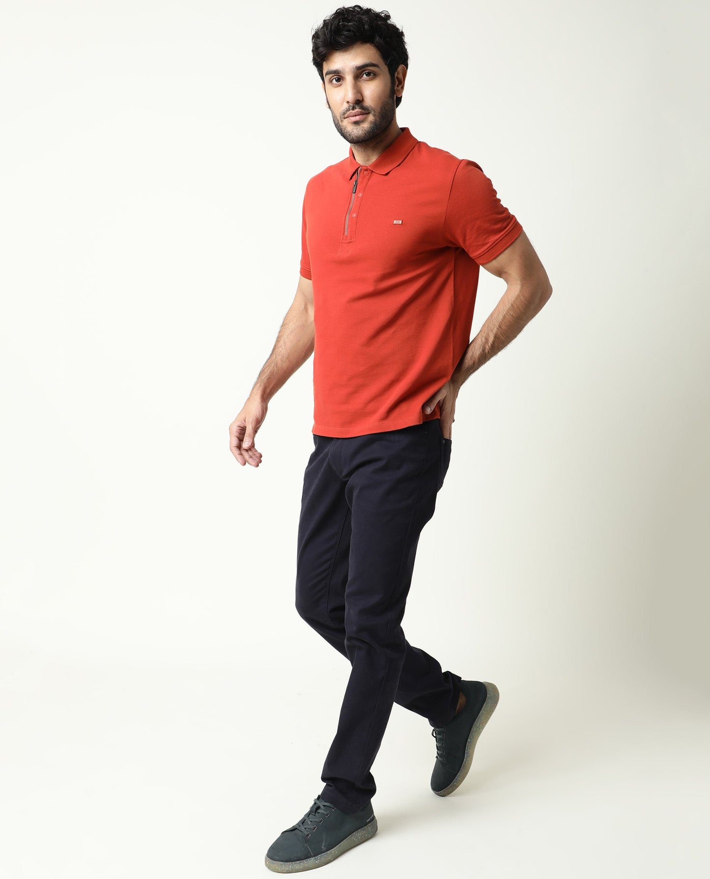 Rare Rabbit Men'S Salis Rust Polo Cotton Fabric Collared Neck Half Sleeves Button Closure Slim Fit