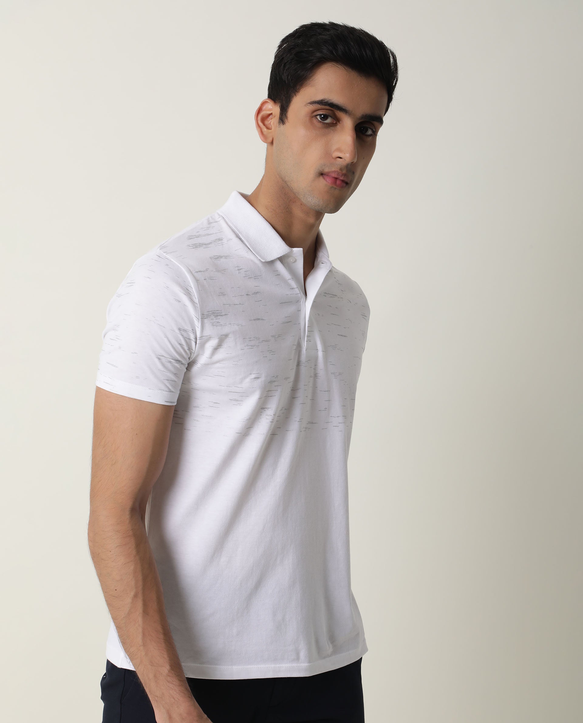 Rare Rabbit Stroke Primary White Cotton Fabric Half Sleeves Polo T-Shirt