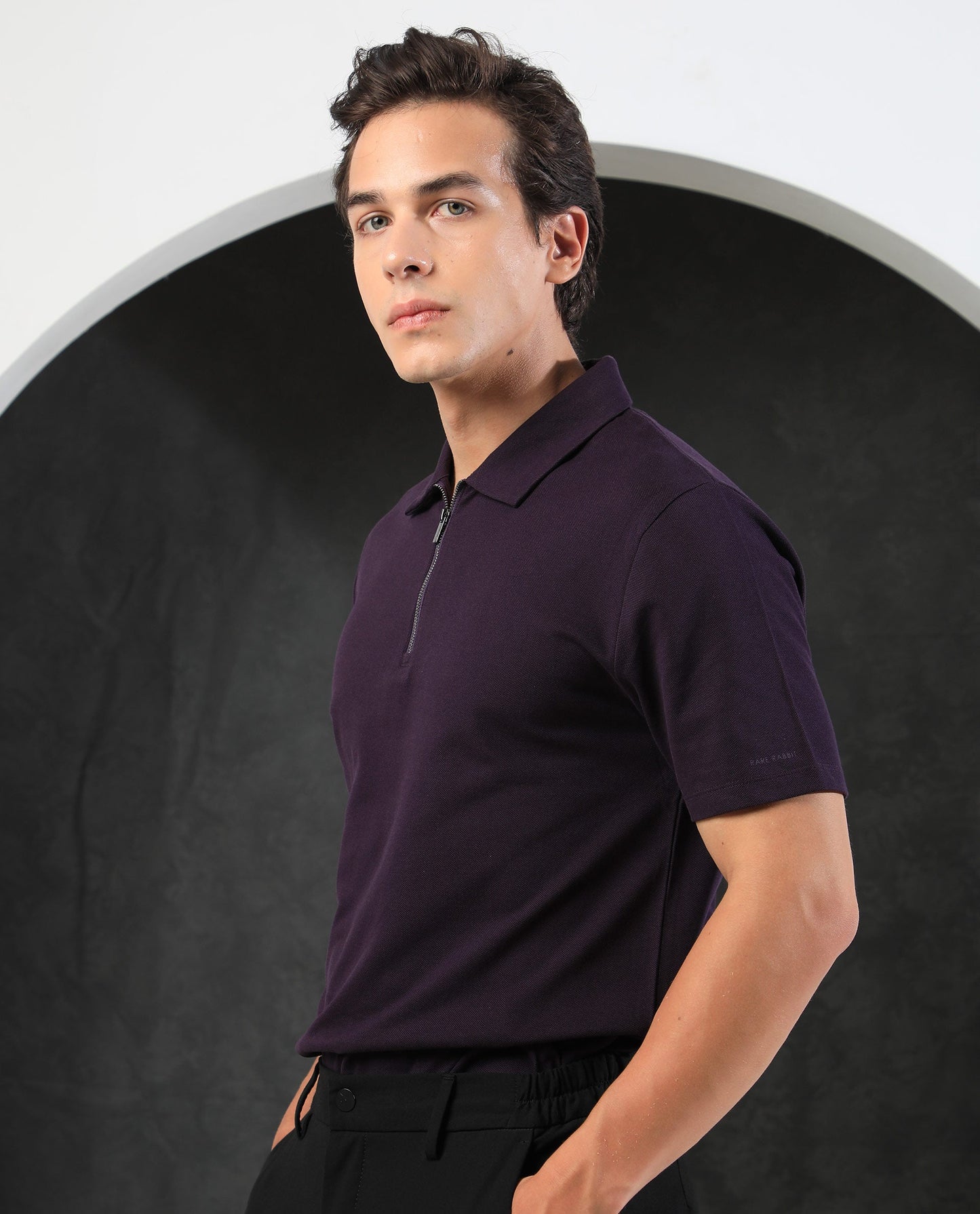 Rare Rabbit Men's Stel Maroon Cotton Fabric Collared Neck Zipper Closure Half Sleeves Flat Knit Polo T-Shirt