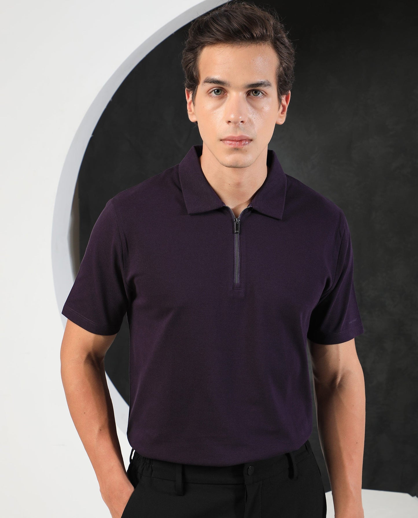 Rare Rabbit Men's Stel Maroon Cotton Fabric Collared Neck Zipper Closure Half Sleeves Flat Knit Polo T-Shirt