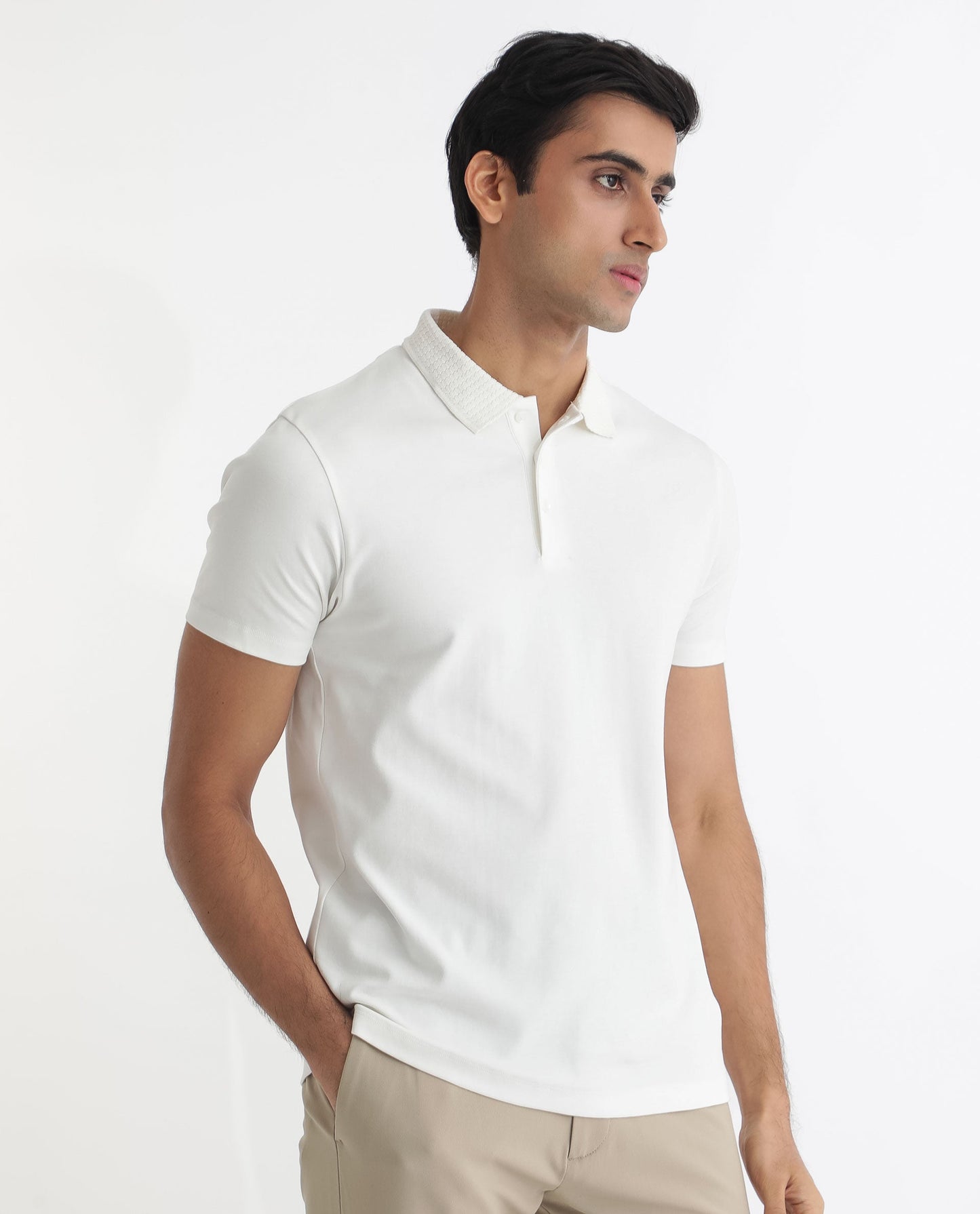 Rare Rabbit Men's Braidey White Cotton Fabric Textured Collared Neck Half Sleeves Polo T-Shirt