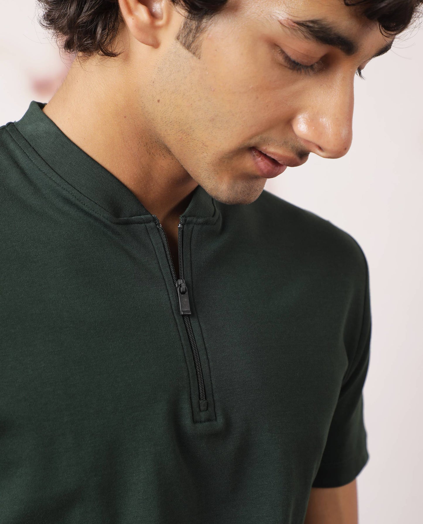 Rare Rabbit Men's Temp Dark Green Cotton Fabric Baseball Stand Collared Neck Zipper Closure Half Sleeves Polo T-Shirt