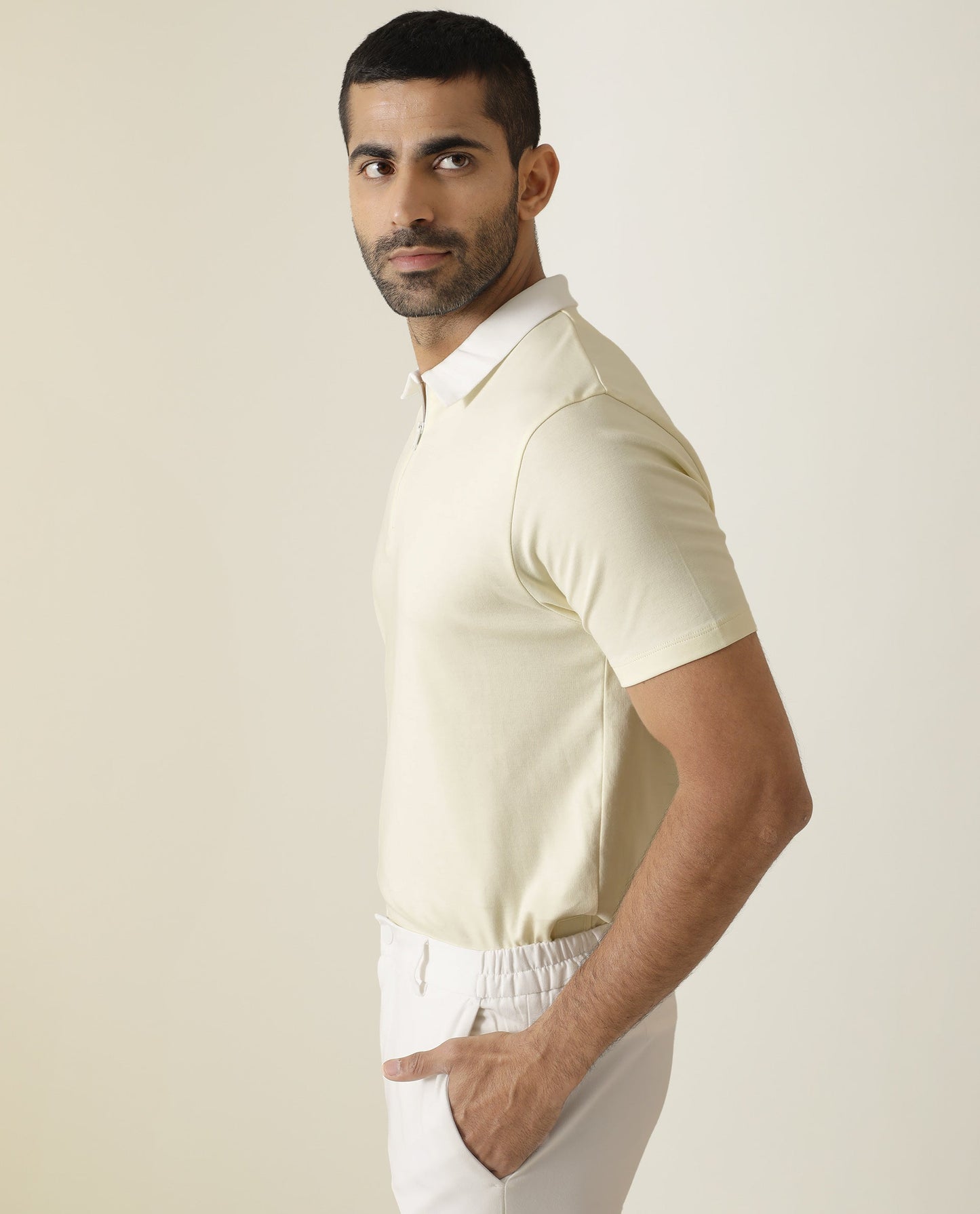 Rare Rabbit Men's Cloud Light Yellow Cotton Fabric Collared Neck Zipper Closure Half Sleeves Polo T-Shirt