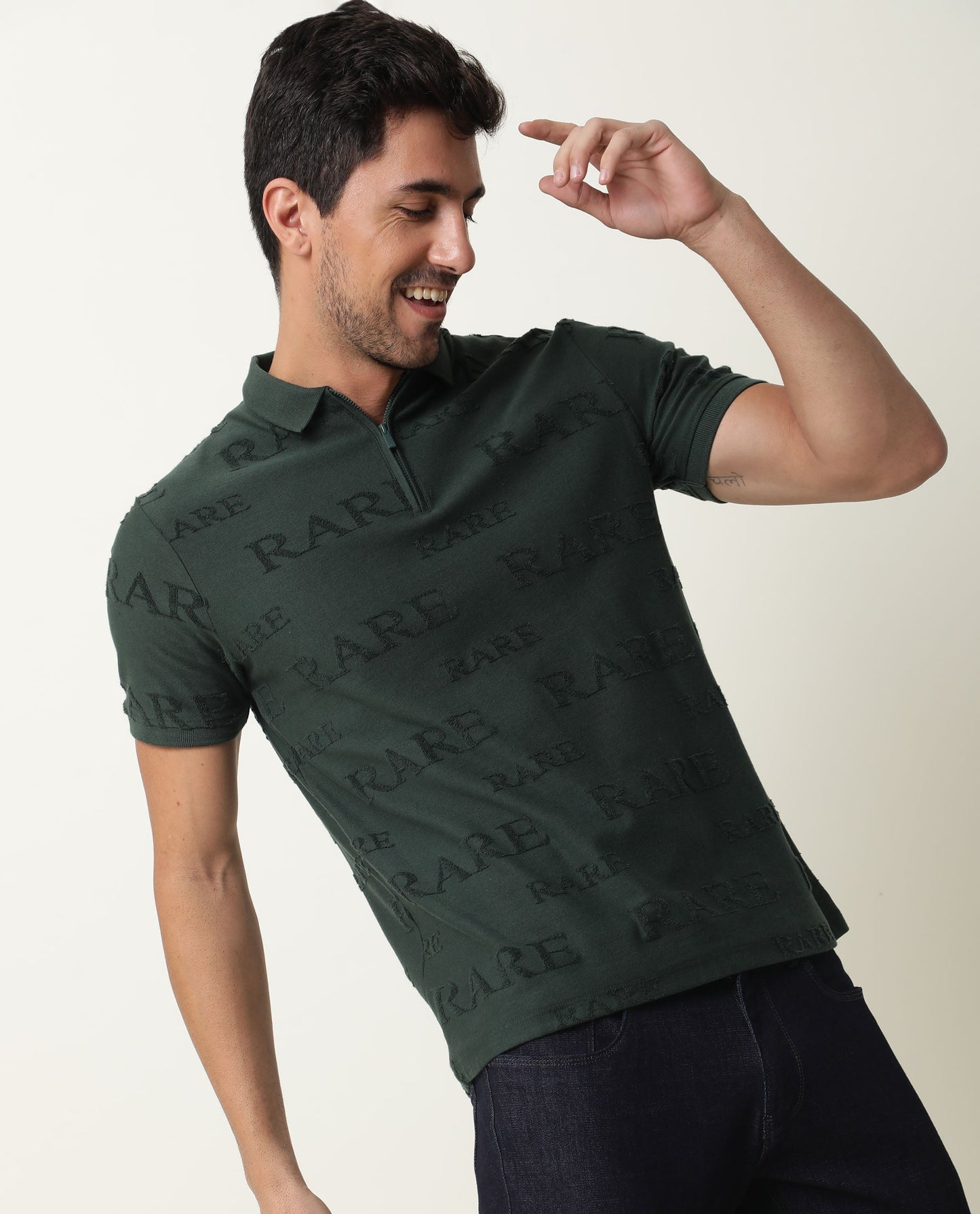 RARE RABBIT MEN'S GESSET GREEN POLO COTTON FABRIC COLLARED NECK HALF SLEEVES BUTTON CLOSURE SLIM FIT
