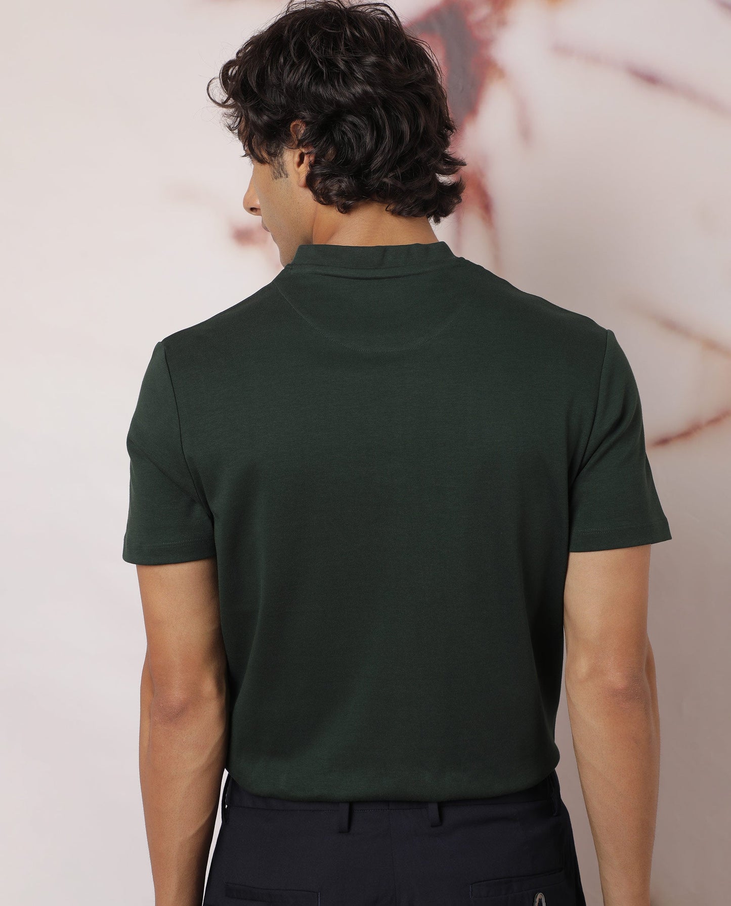 Rare Rabbit Men's Temp Dark Green Cotton Fabric Baseball Stand Collared Neck Zipper Closure Half Sleeves Polo T-Shirt