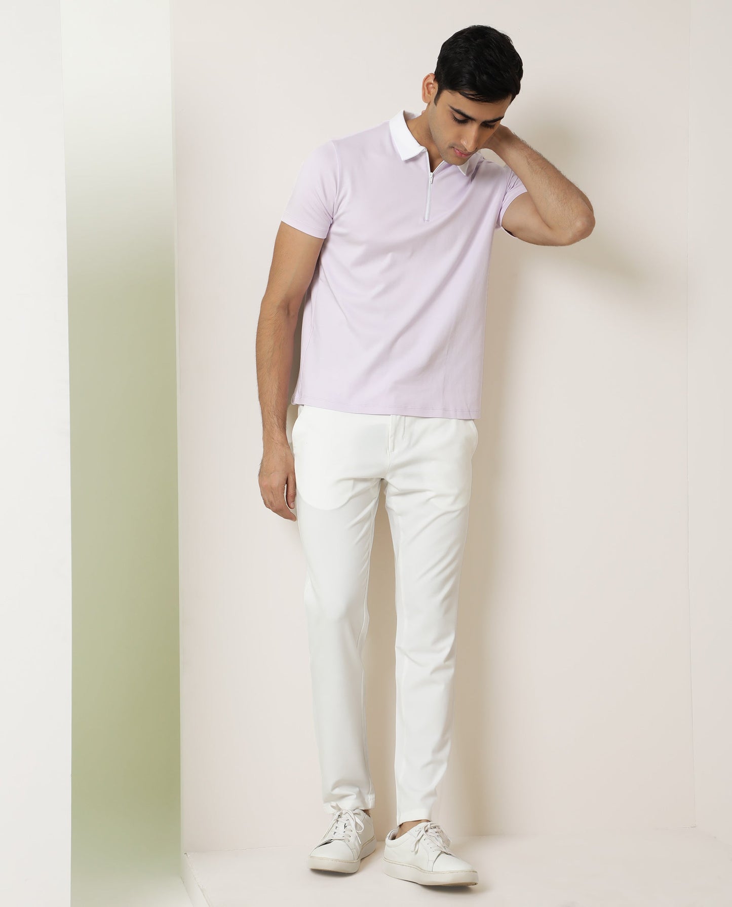 Rare Rabbit Men's Cloud Pastel Purple Cotton Fabric Collared Neck Zipper Closure Half Sleeves Polo T-Shirt