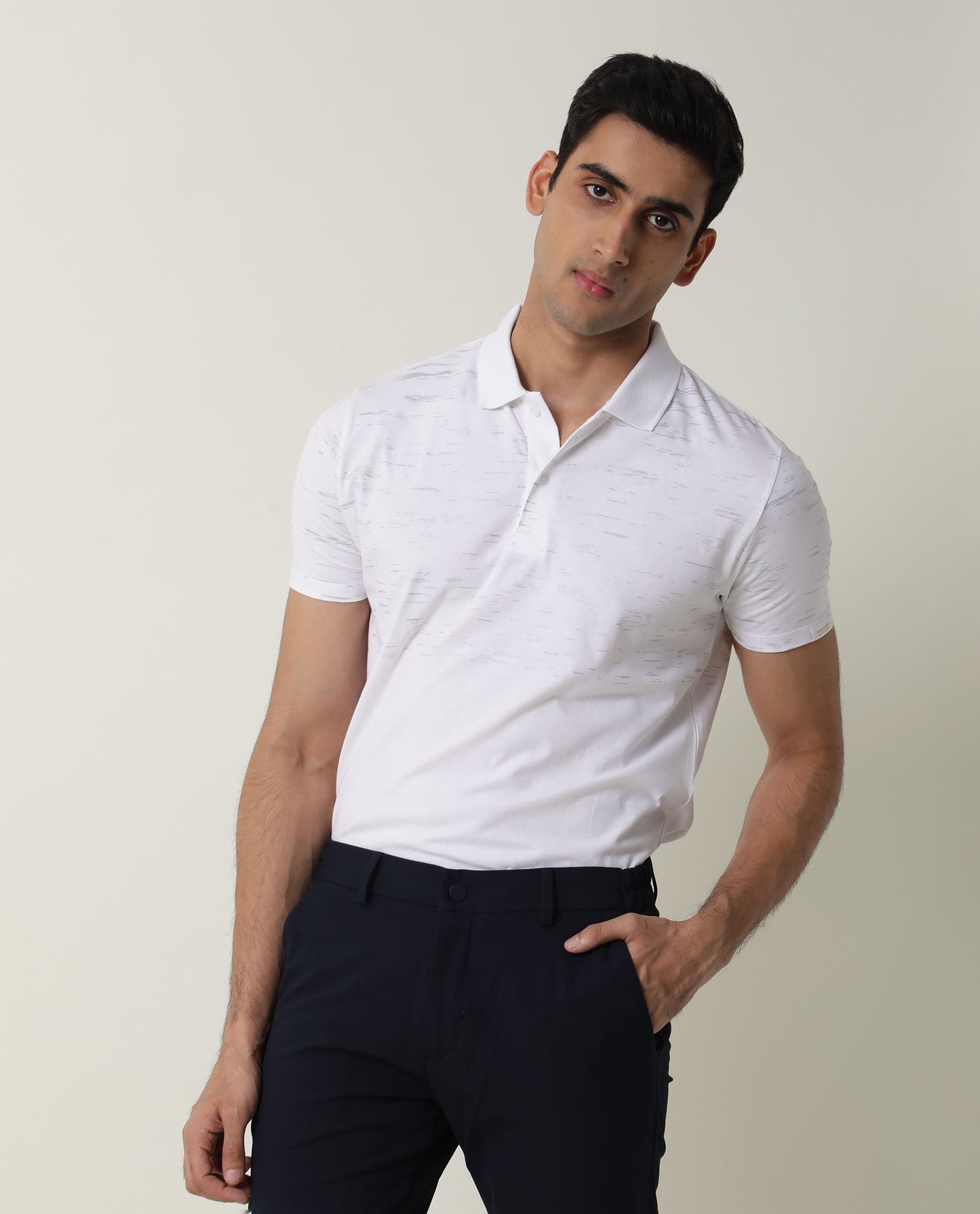 Rare Rabbit Stroke Primary White Cotton Fabric Half Sleeves Polo T-Shirt
