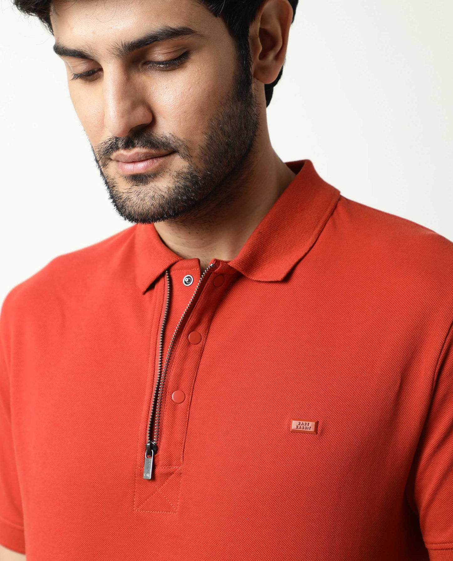 Rare Rabbit Men'S Salis Rust Polo Cotton Fabric Collared Neck Half Sleeves Button Closure Slim Fit