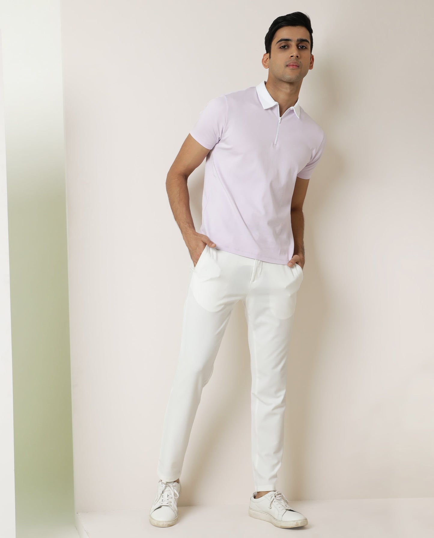 Rare Rabbit Men's Cloud Pastel Purple Cotton Fabric Collared Neck Zipper Closure Half Sleeves Polo T-Shirt