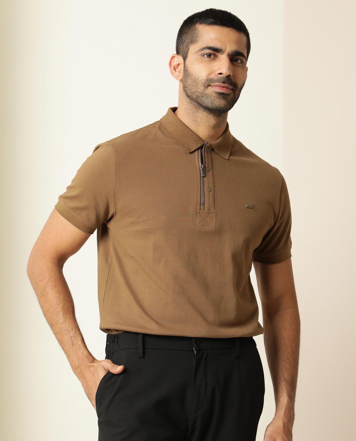 Rare Rabbit Men's Silas Brown Cotton Fabric Snap Button And Zipper Closure Collared Neck Half Sleeve Polo T-Shirt