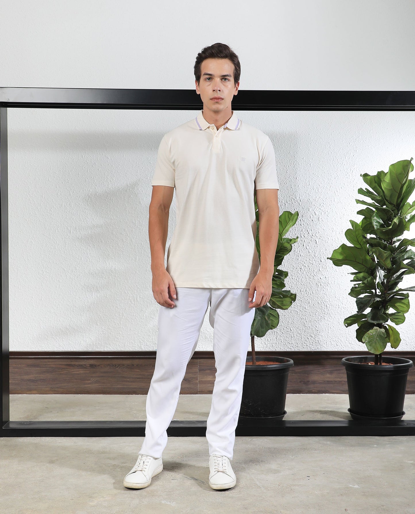 Rare Rabbit Men's Taper Off White Cotton Fabric Collared Neck Half Sleeves Textured Polo T-Shirt