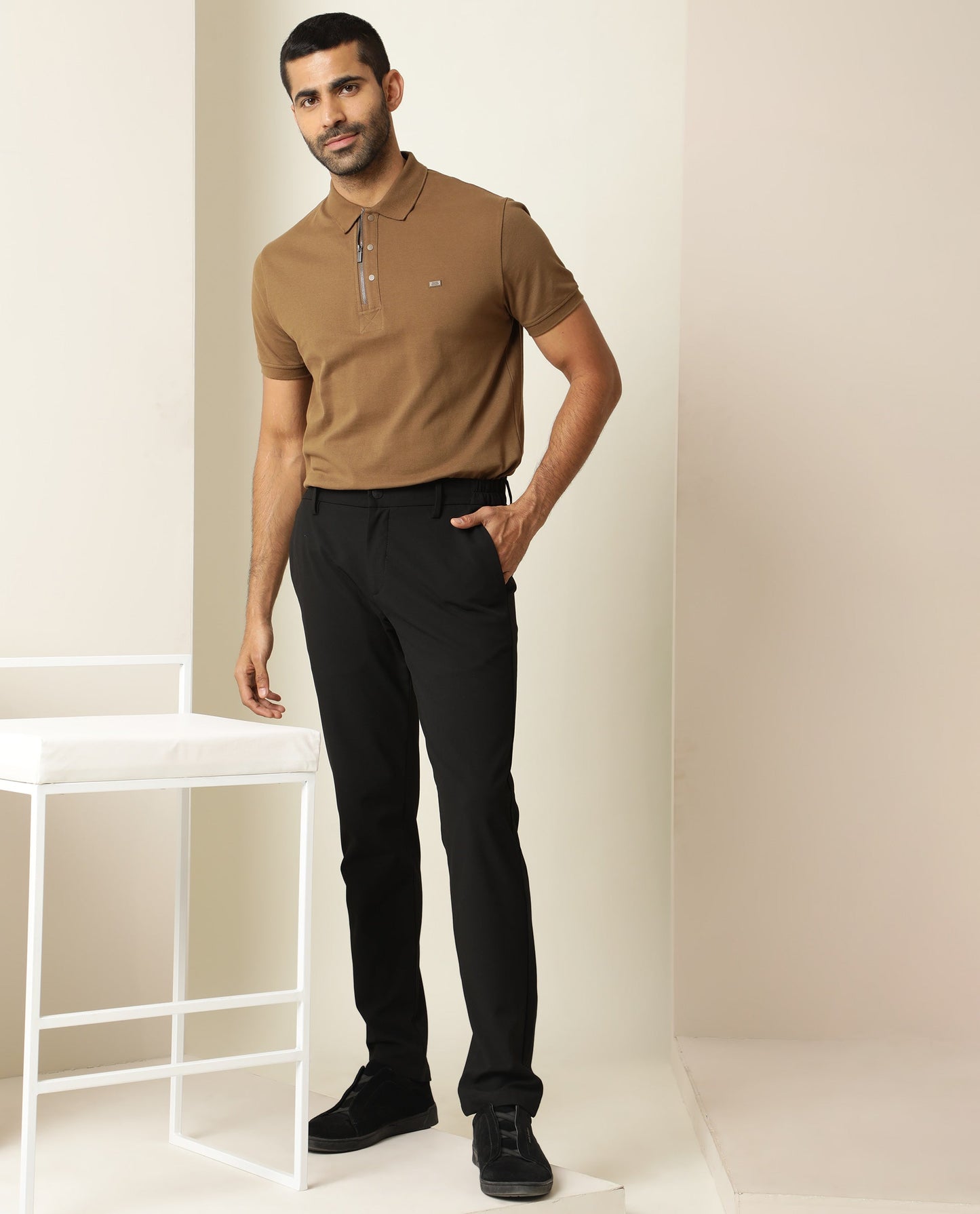 Rare Rabbit Men's Silas Brown Cotton Fabric Snap Button And Zipper Closure Collared Neck Half Sleeve Polo T-Shirt