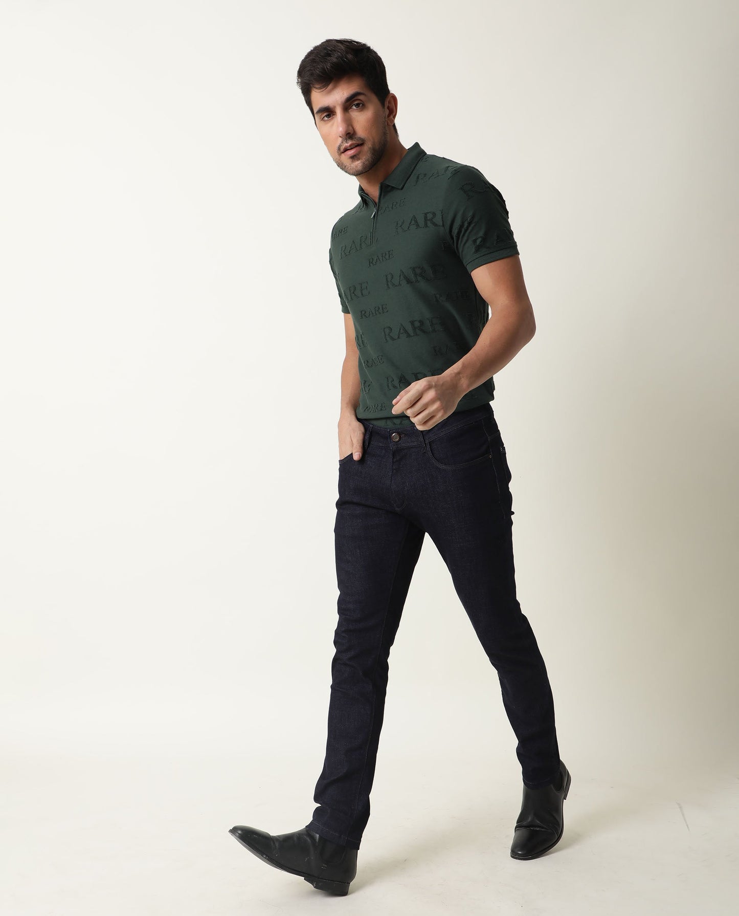 RARE RABBIT MEN'S GESSET GREEN POLO COTTON FABRIC COLLARED NECK HALF SLEEVES BUTTON CLOSURE SLIM FIT