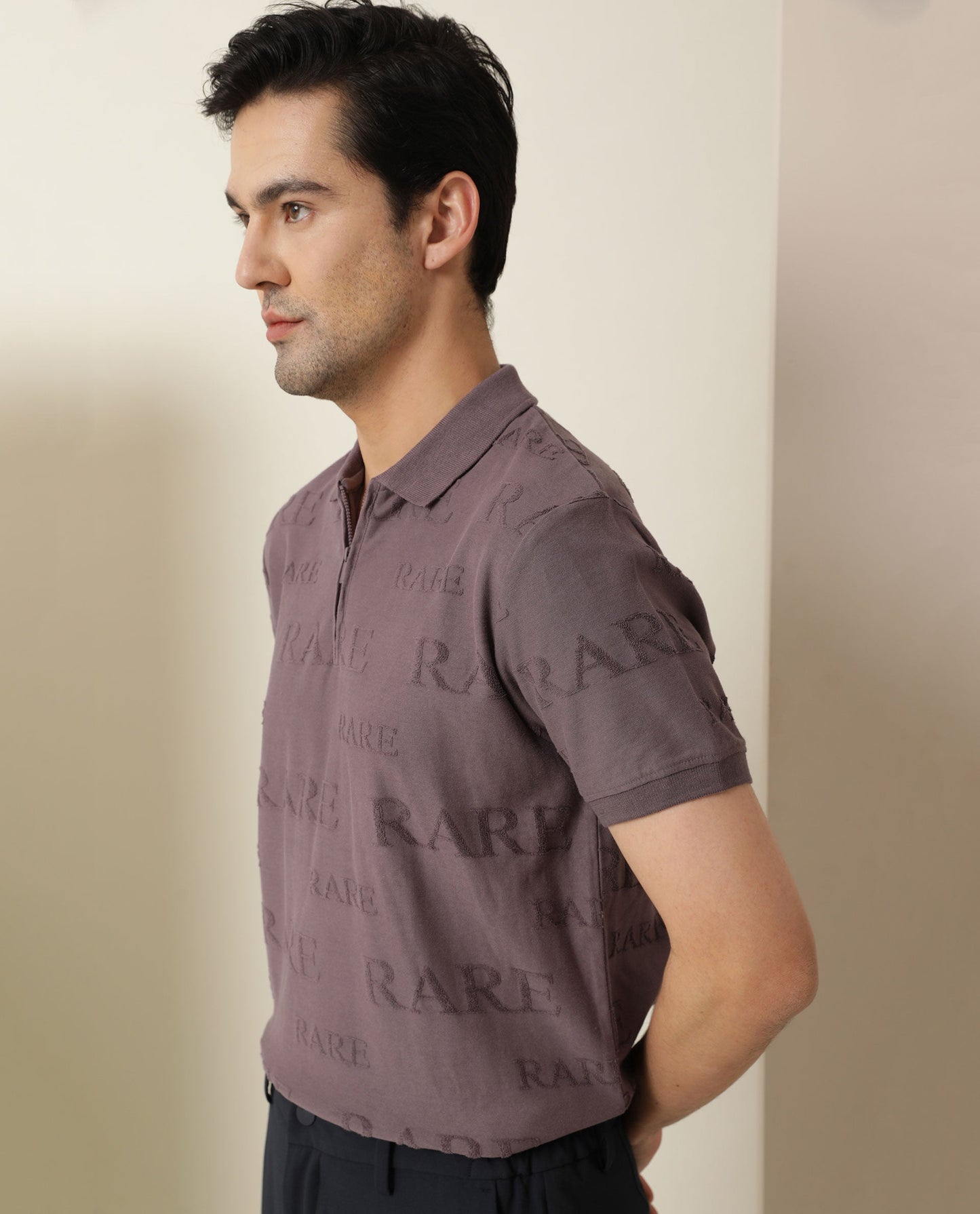 Rare Rabbit Men's Gesset Purple Cotton Fabric Collared Neck Half Sleeves Statement Polo T-Shirt