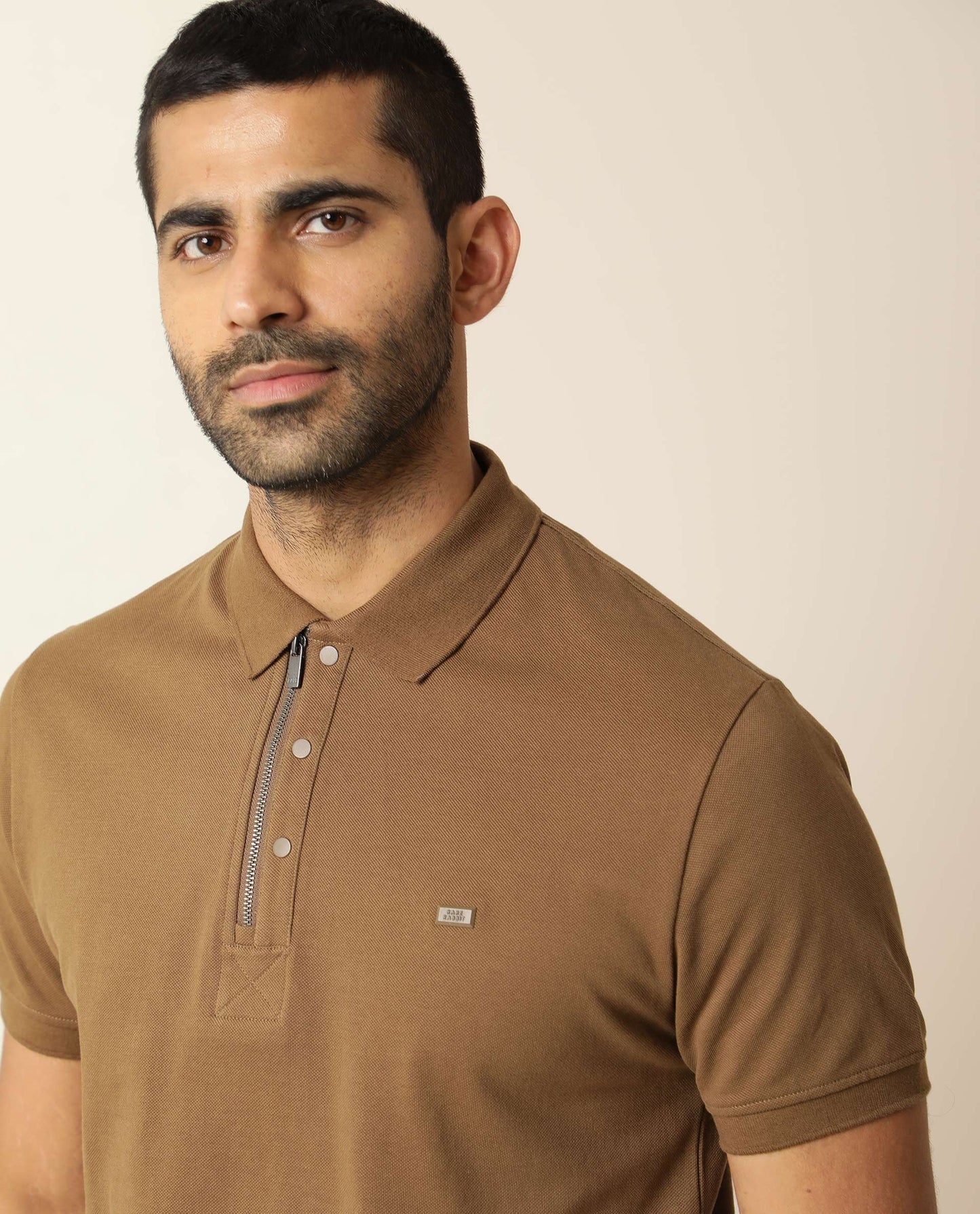 Rare Rabbit Men's Silas Brown Cotton Fabric Snap Button And Zipper Closure Collared Neck Half Sleeve Polo T-Shirt