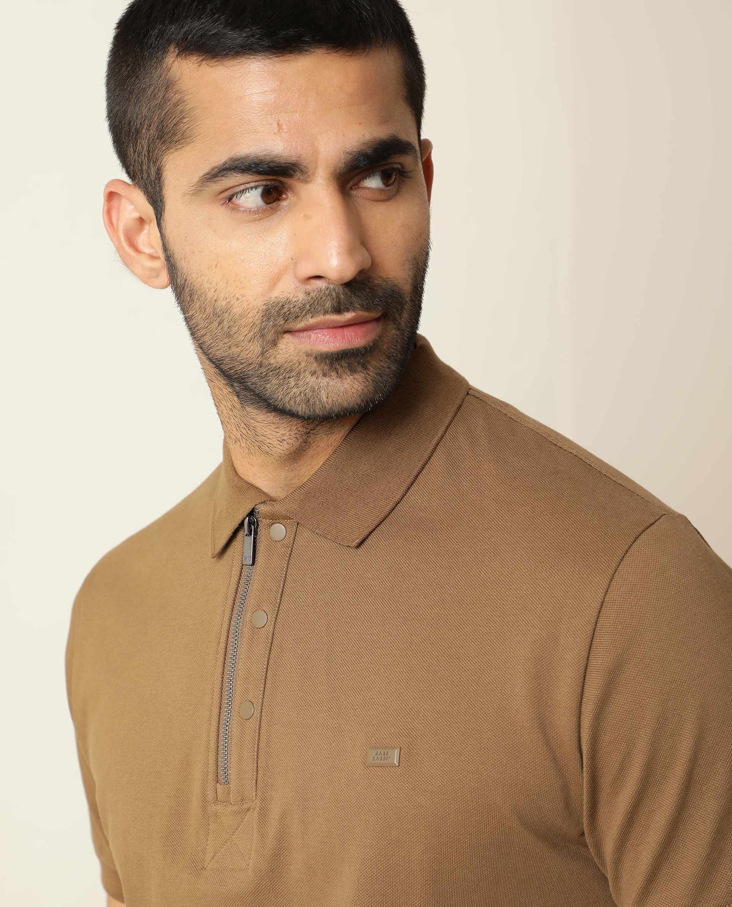 Rare Rabbit Men's Silas Brown Cotton Fabric Snap Button And Zipper Closure Collared Neck Half Sleeve Polo T-Shirt