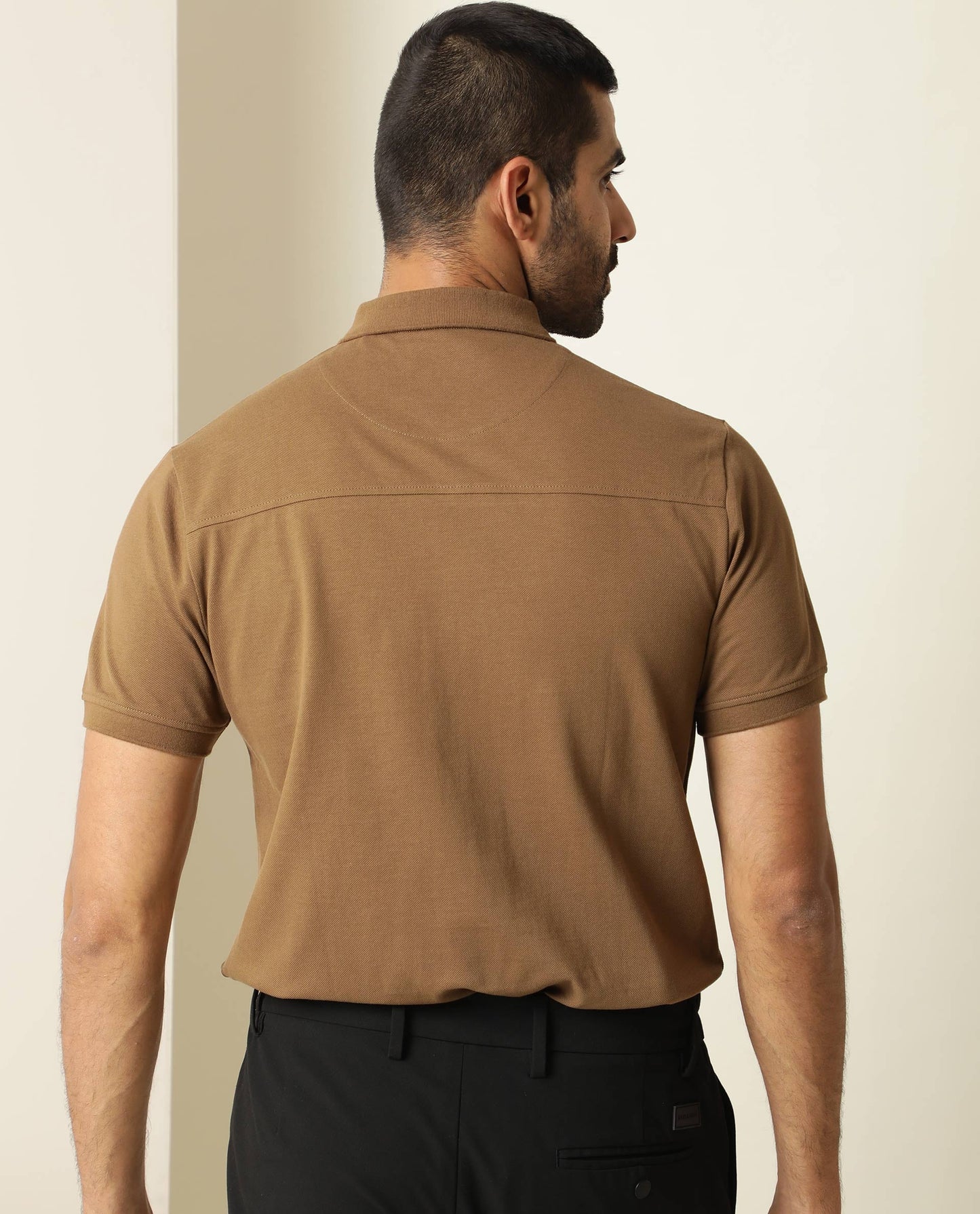 Rare Rabbit Men's Silas Brown Cotton Fabric Snap Button And Zipper Closure Collared Neck Half Sleeve Polo T-Shirt