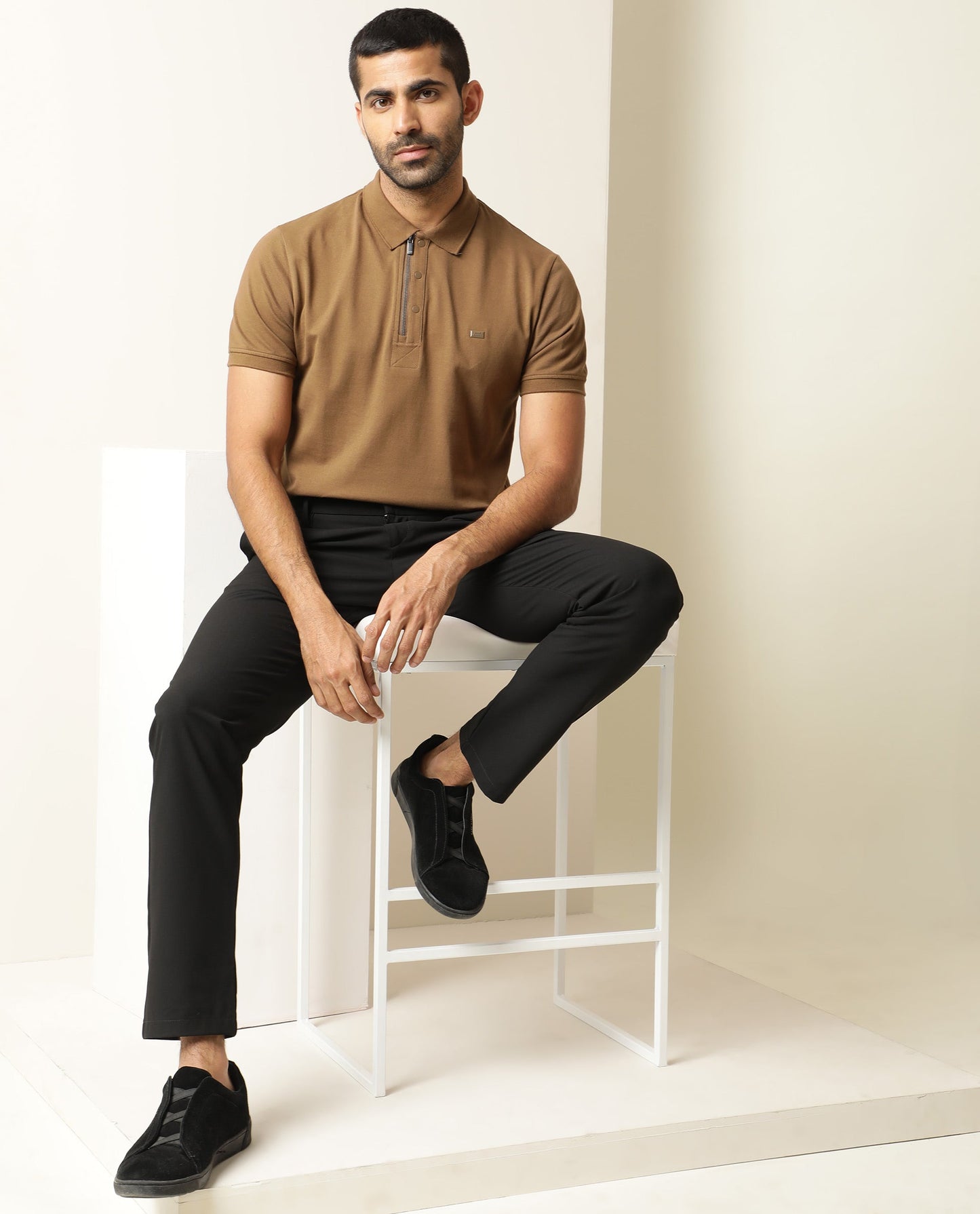 Rare Rabbit Men's Silas Brown Cotton Fabric Snap Button And Zipper Closure Collared Neck Half Sleeve Polo T-Shirt