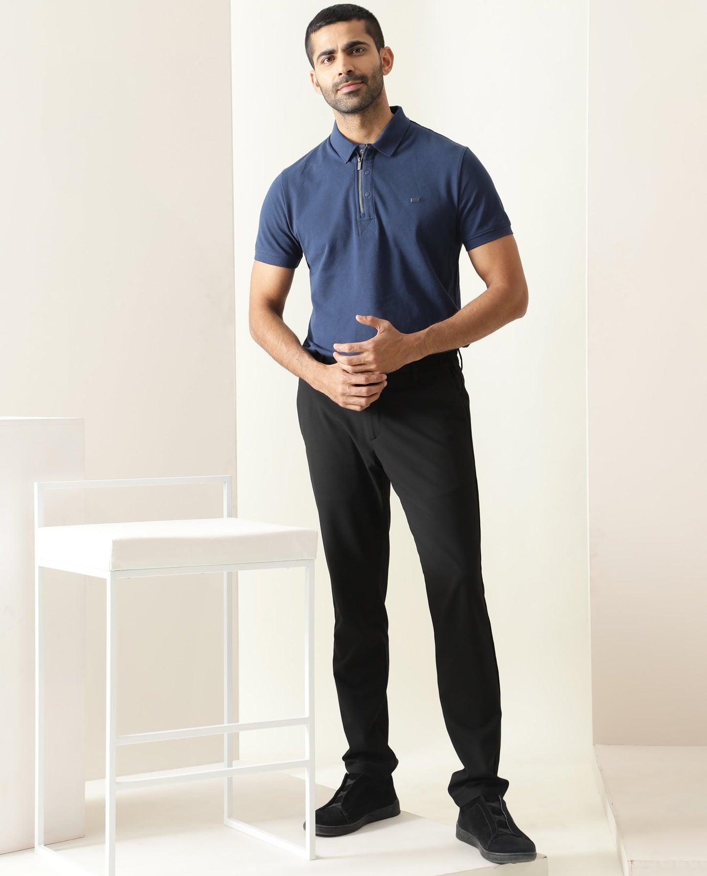 RARE RABBIT MEN'S SALIS BLUE POLO COTTON FABRIC COLLARED NECK HALF SLEEVES BUTTON CLOSURE SLIM FIT