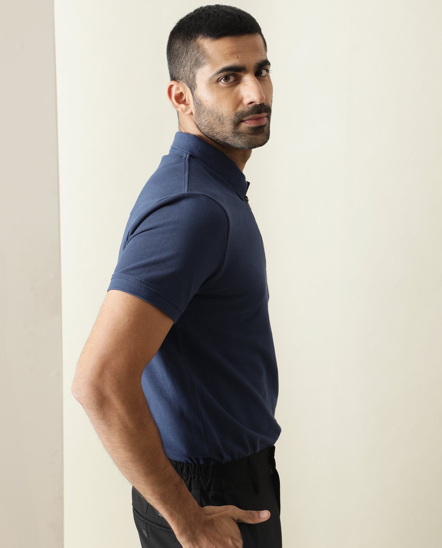 RARE RABBIT MEN'S SALIS BLUE POLO COTTON FABRIC COLLARED NECK HALF SLEEVES BUTTON CLOSURE SLIM FIT