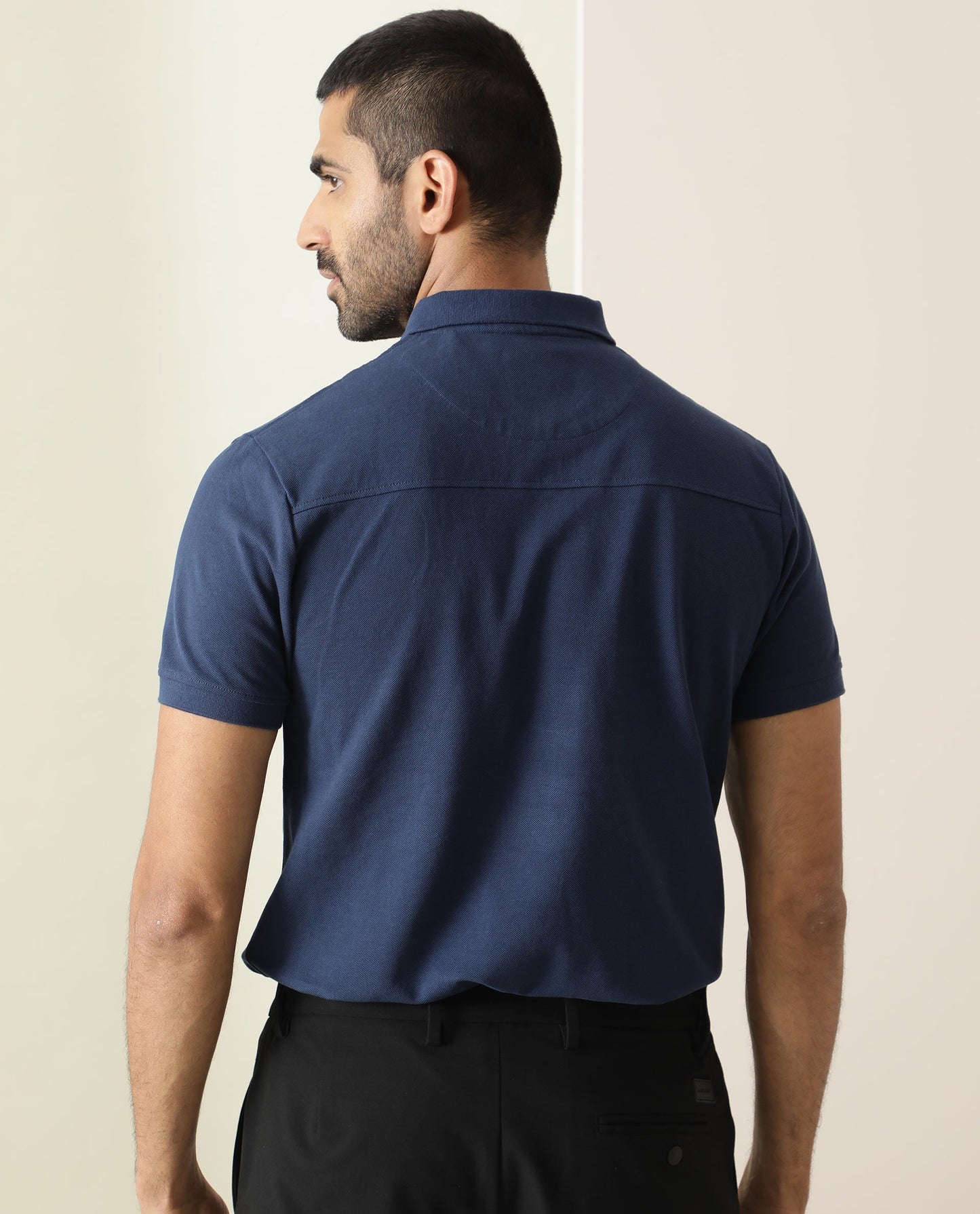 RARE RABBIT MEN'S SALIS BLUE POLO COTTON FABRIC COLLARED NECK HALF SLEEVES BUTTON CLOSURE SLIM FIT
