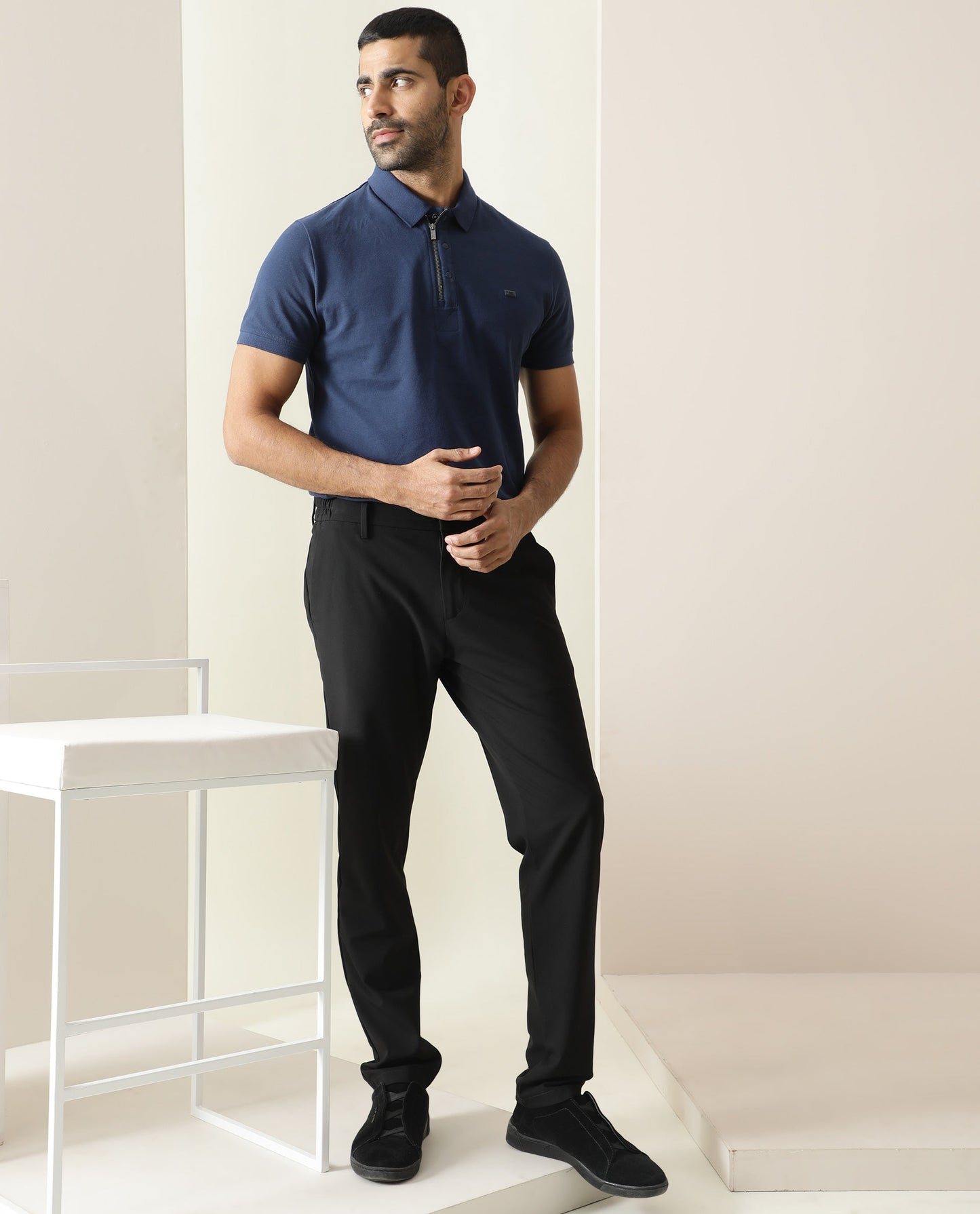 RARE RABBIT MEN'S SALIS BLUE POLO COTTON FABRIC COLLARED NECK HALF SLEEVES BUTTON CLOSURE SLIM FIT