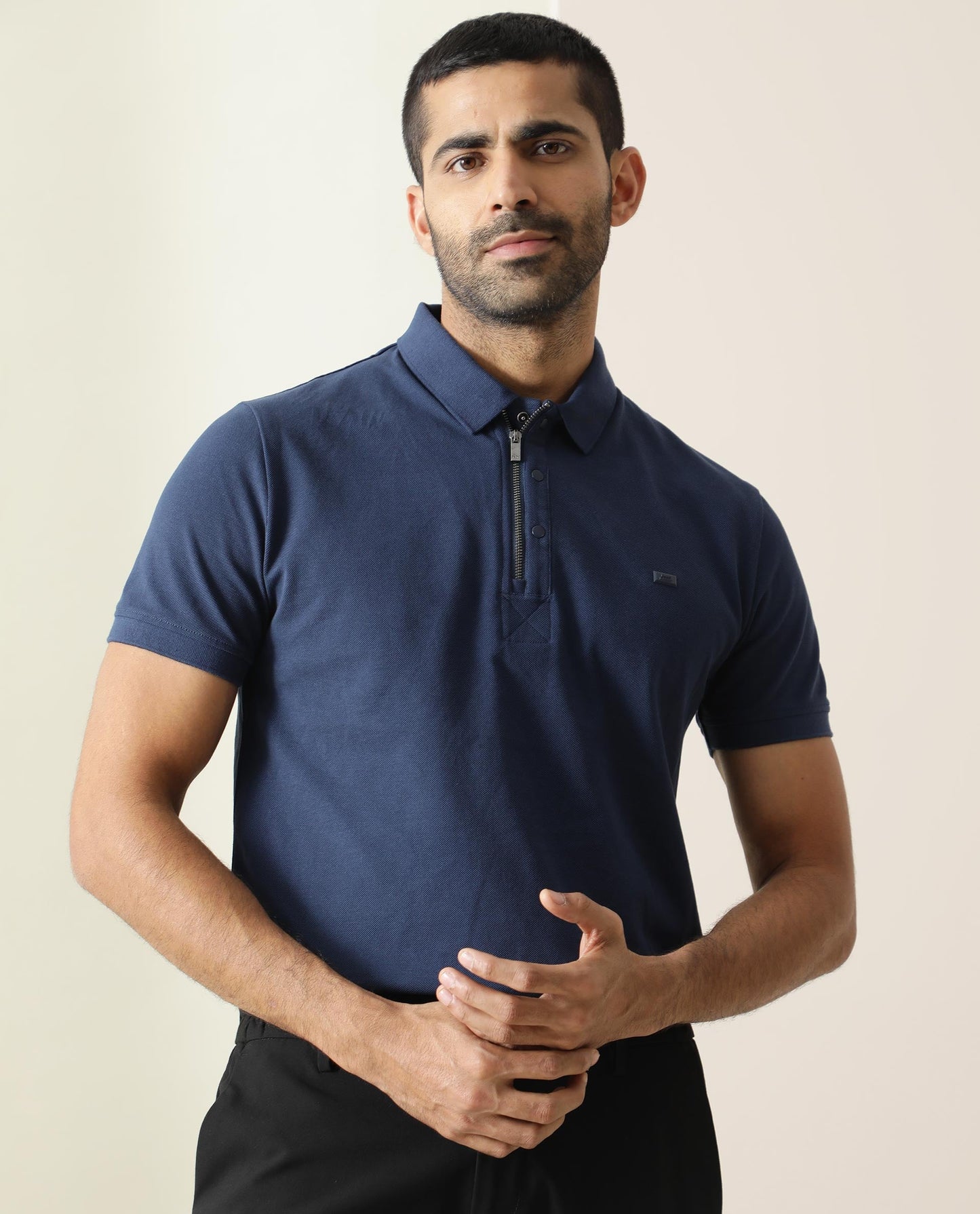 RARE RABBIT MEN'S SALIS BLUE POLO COTTON FABRIC COLLARED NECK HALF SLEEVES BUTTON CLOSURE SLIM FIT