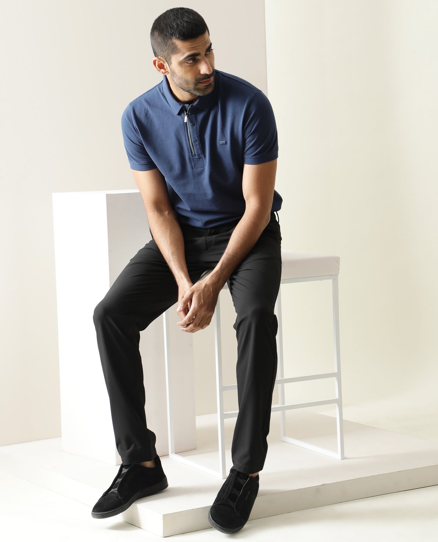 RARE RABBIT MEN'S SALIS BLUE POLO COTTON FABRIC COLLARED NECK HALF SLEEVES BUTTON CLOSURE SLIM FIT