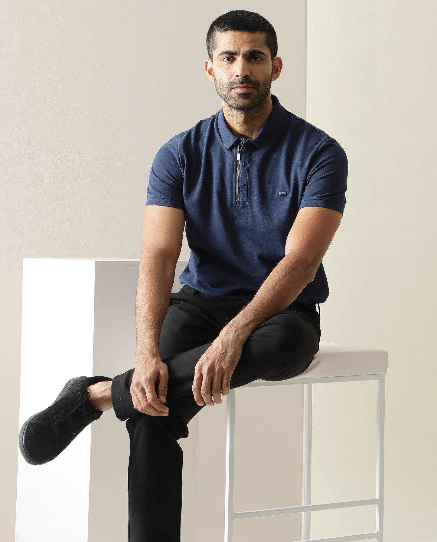 RARE RABBIT MEN'S SALIS BLUE POLO COTTON FABRIC COLLARED NECK HALF SLEEVES BUTTON CLOSURE SLIM FIT