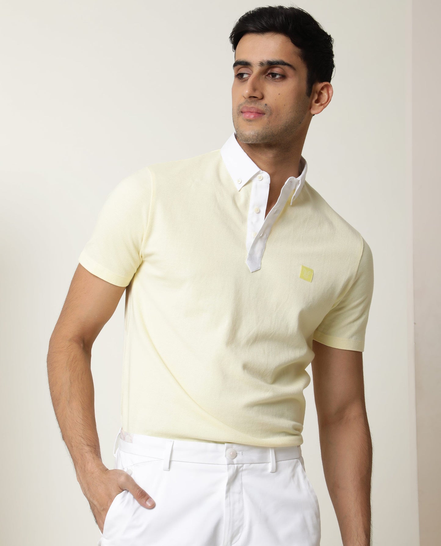 Rare Rabbit Men's Parma Yellow Cotton Fabric Collared Neck Half Sleeves Button Closure Polo T-Shirt