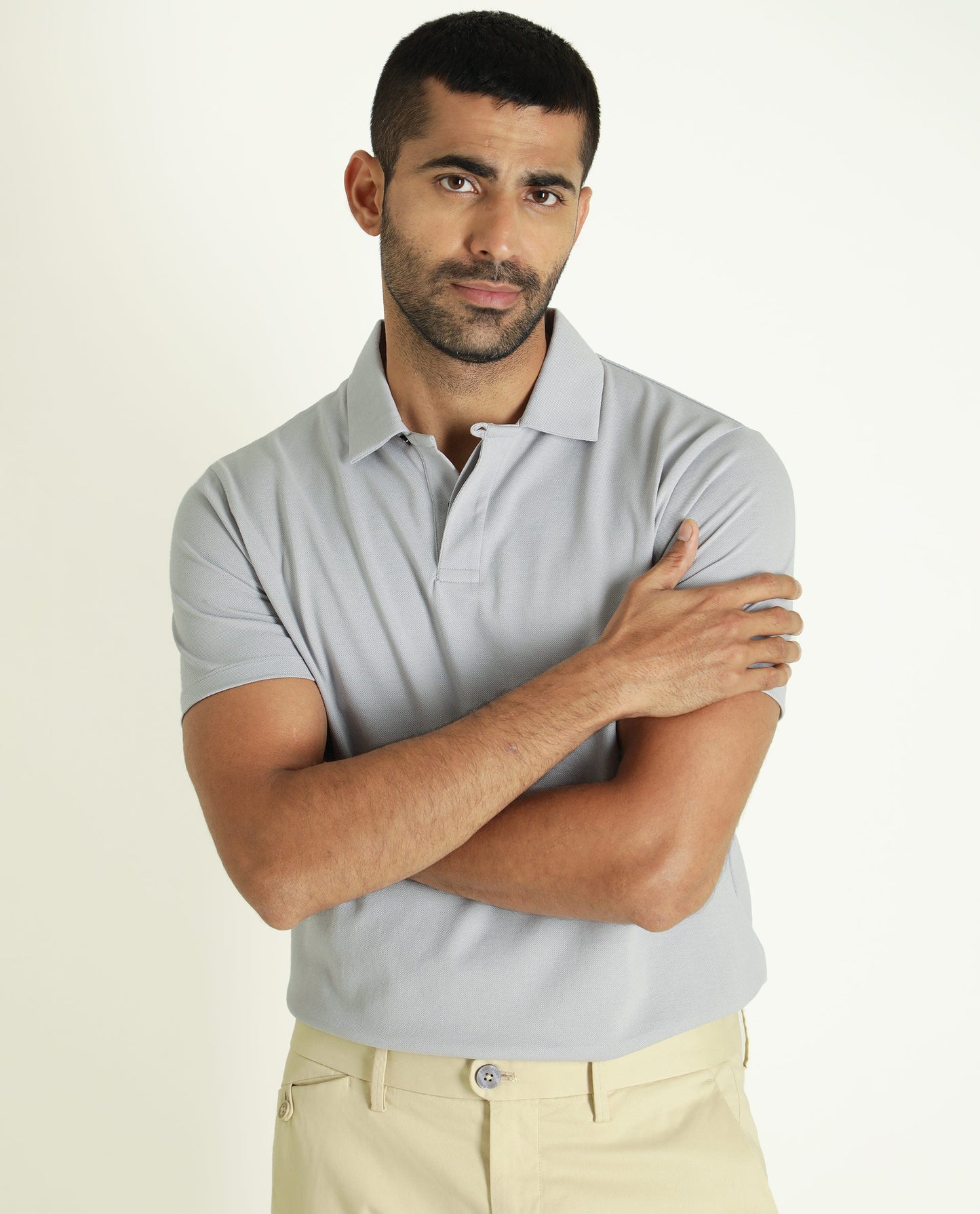Rare Rabbit Men's Zeny Grey Cotton Fabric Collared Neck Half Sleeve Polo T-Shirt