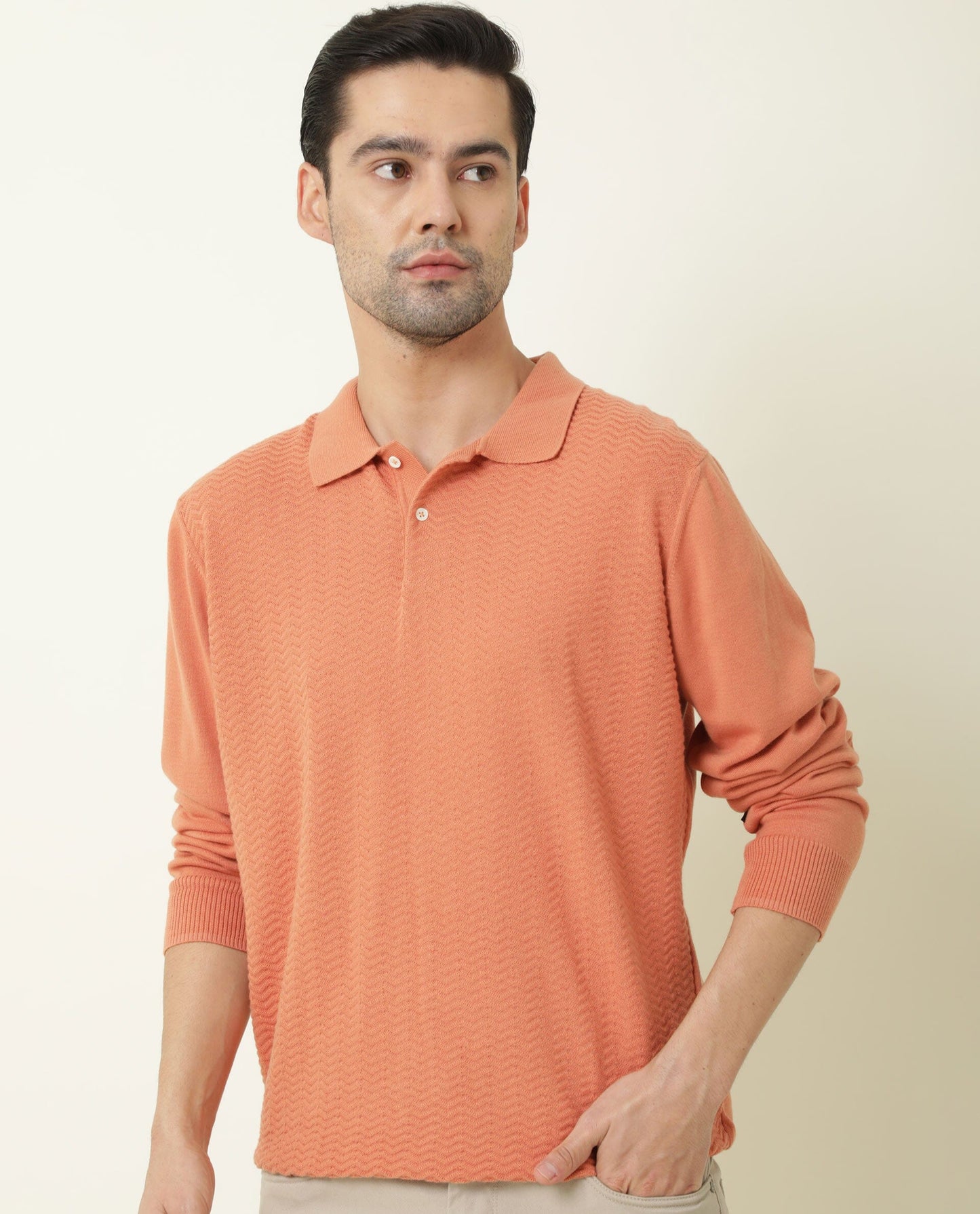 Rare Rabbit Men's Present Orange Cotton Fabric Full Sleeves Textured Polo T-Shirt