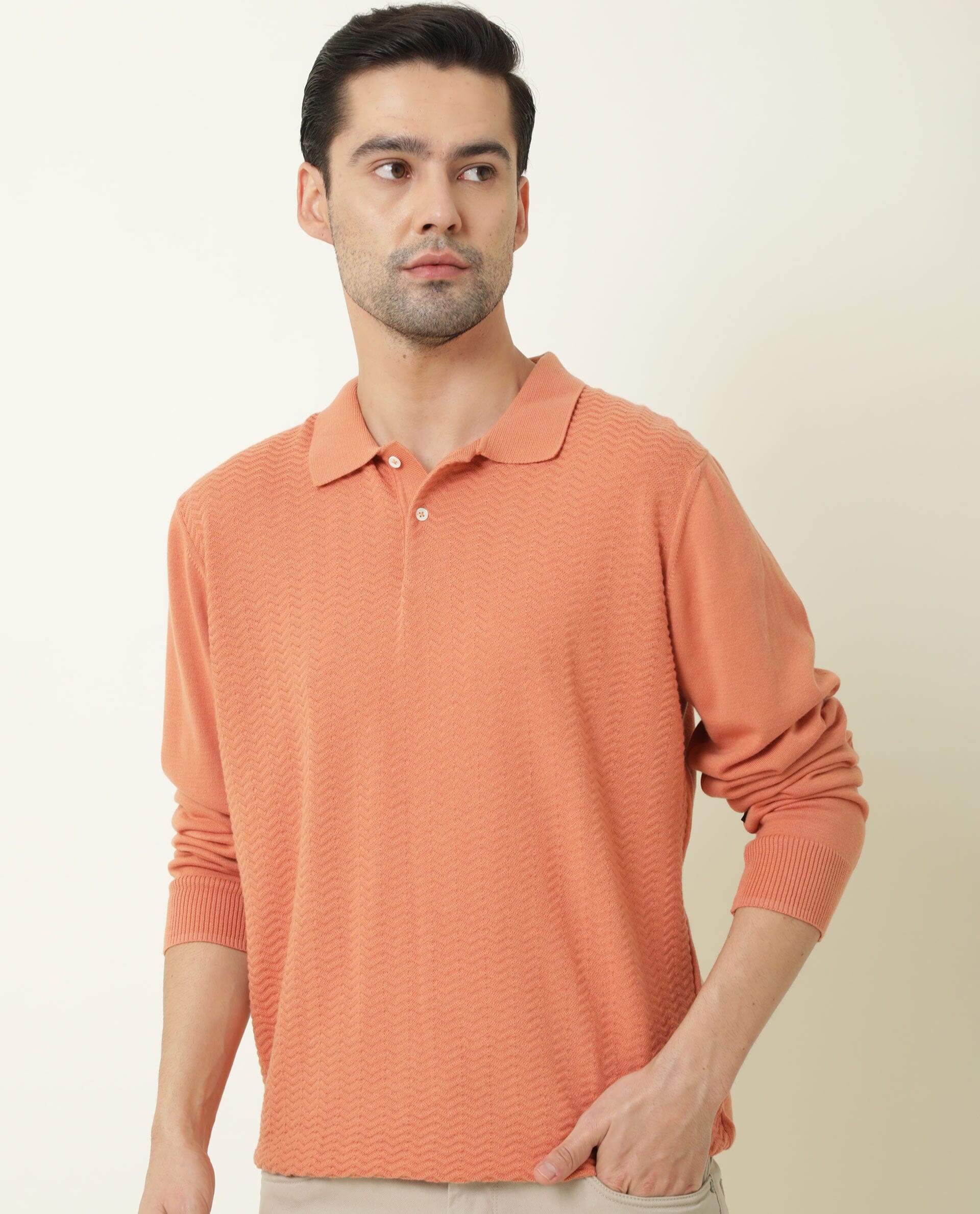 Rare Rabbit Men's Present Orange Cotton Fabric Full Sleeves Textured Polo T-Shirt
